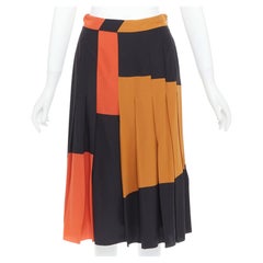 BOTTEGA VENETA 100% Seide schwarz orange brauner Colorblock Faltenrock IT36 XXS