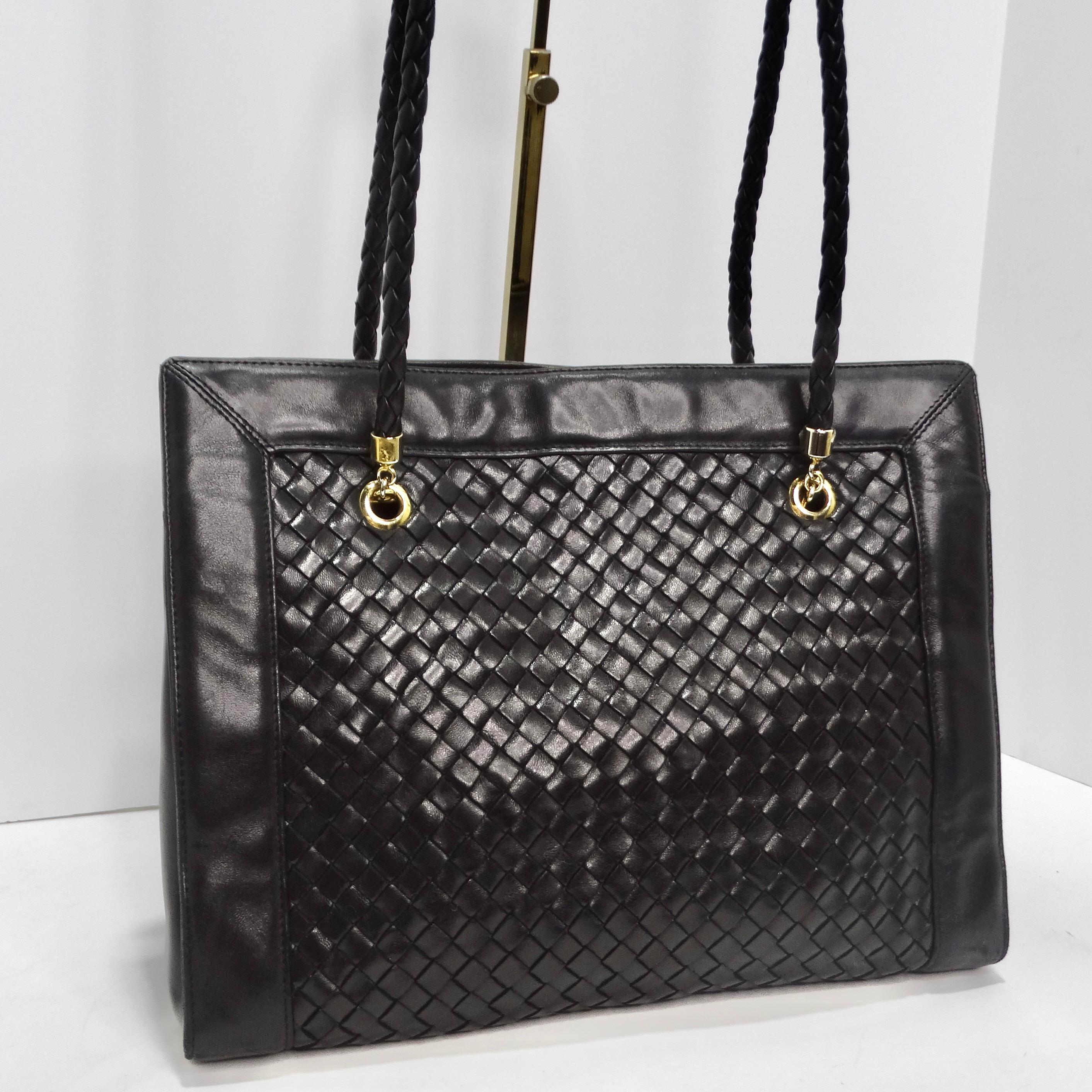 Bottega Veneta 1980s Black Leather Woven Handbag 1