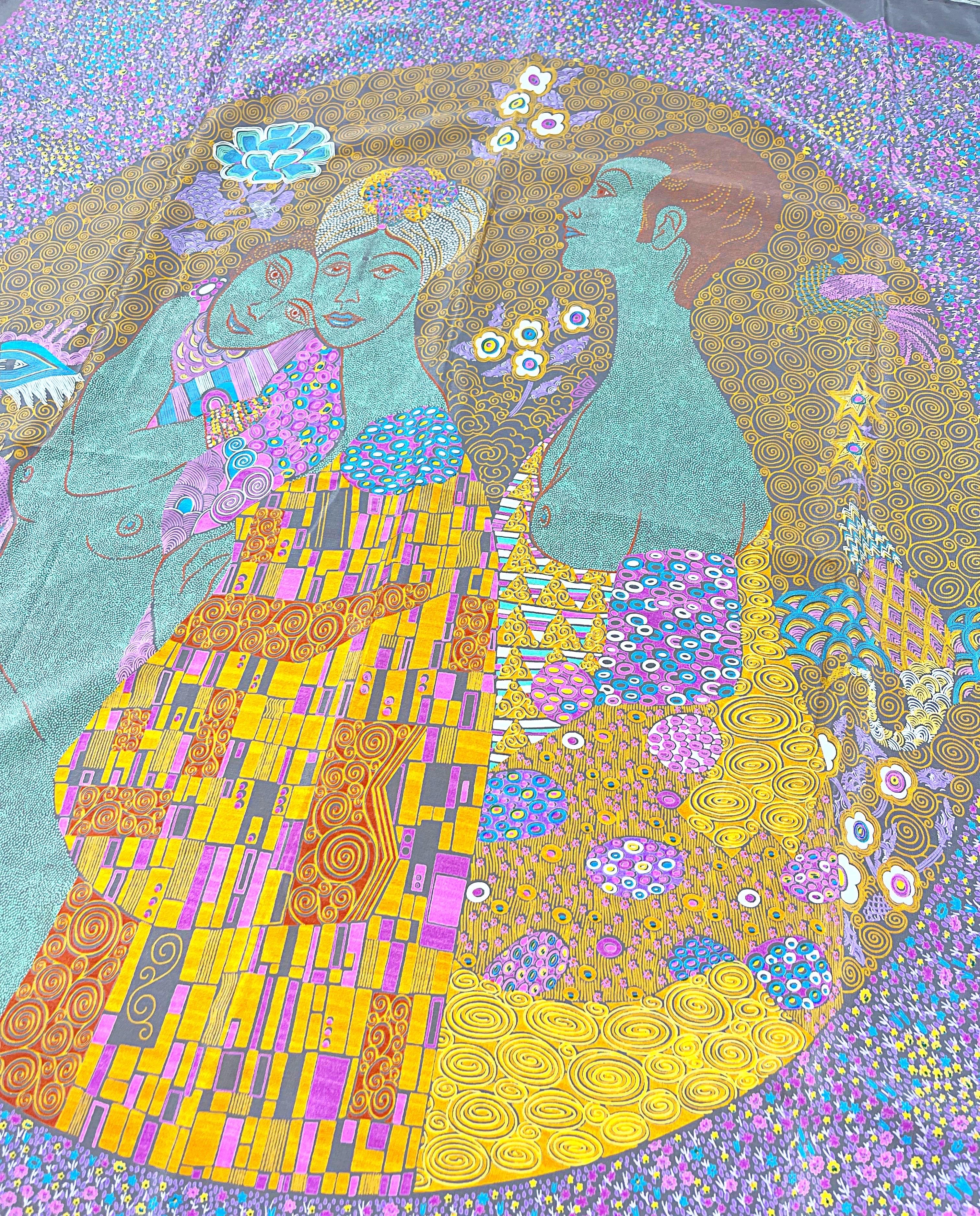 Amazing vintage Bottega Veneta Klimt inspired large silk scarf from 1981. Incredible Gustav Klimt art nouveau inspired print featuring dainty pointillist details. Vibrant colors of purple, pink, orange, green, turquoise blue and brown throughout.