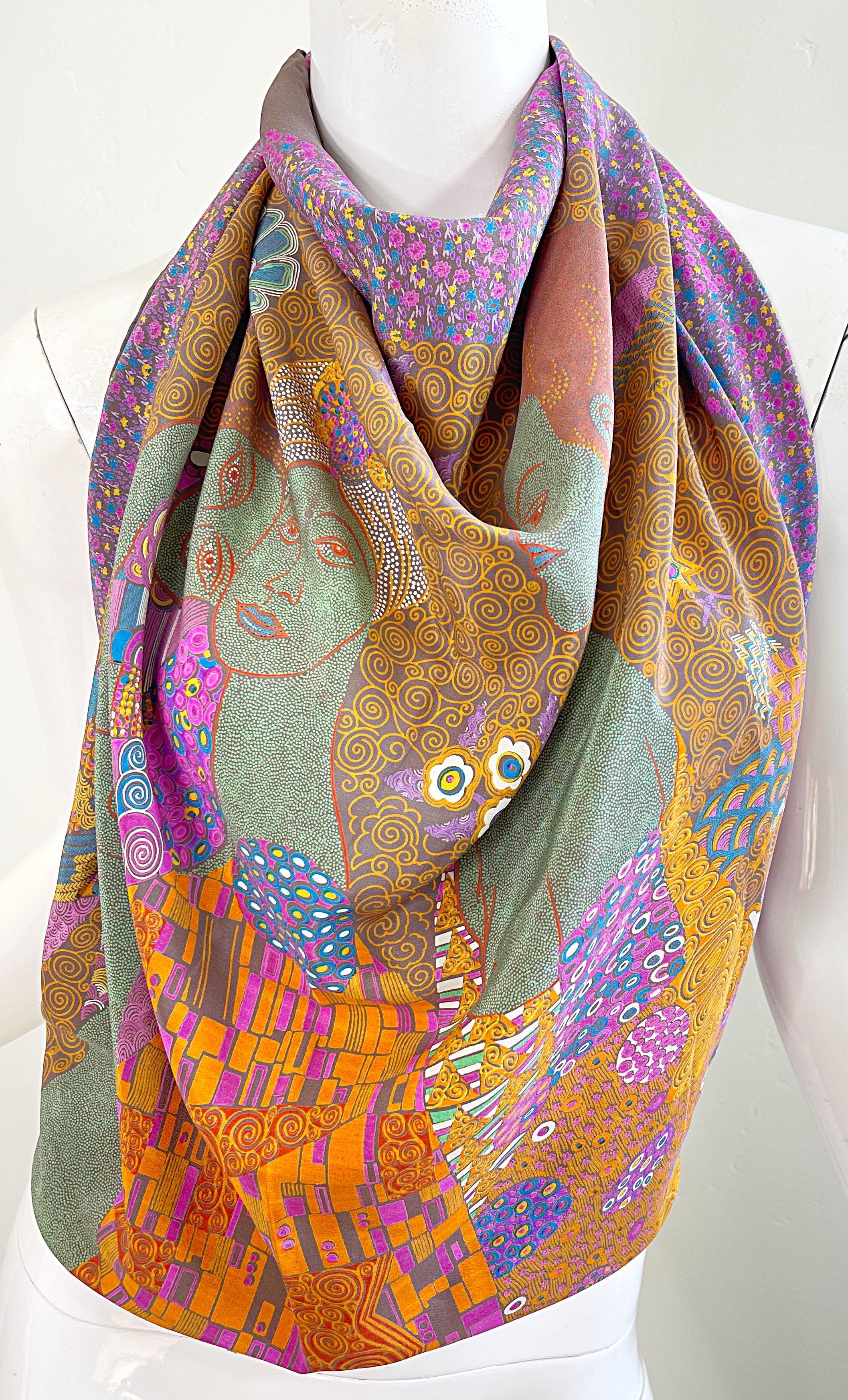 Women's or Men's Bottega Veneta 1980s Klimt Inspired Vintage Silk Figurine 80s Scarf Shawl Wrap For Sale