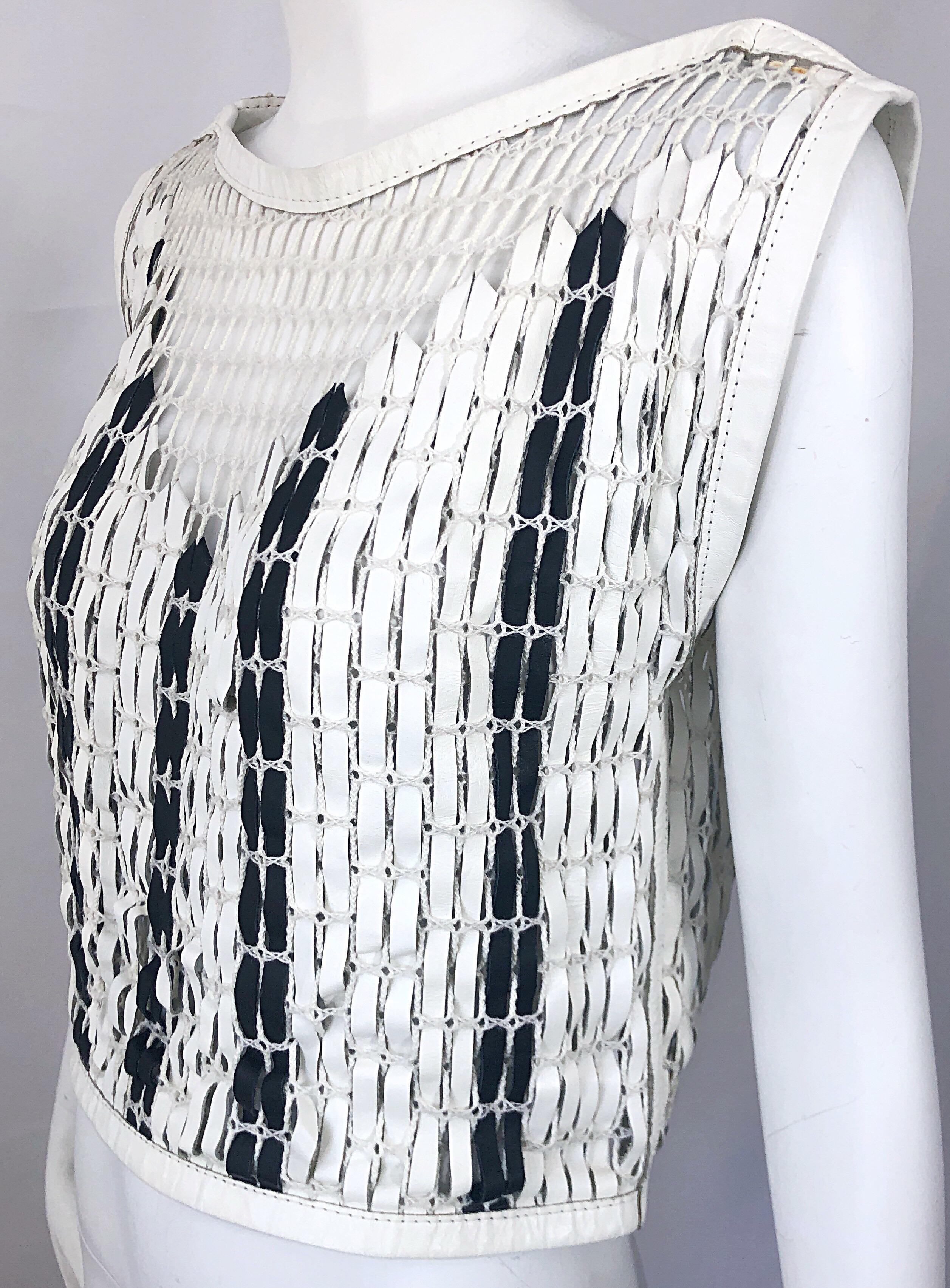 Bottega Veneta 2000s Black and White Leather Cotton Fishnet Avant Garde Crop Top For Sale 4