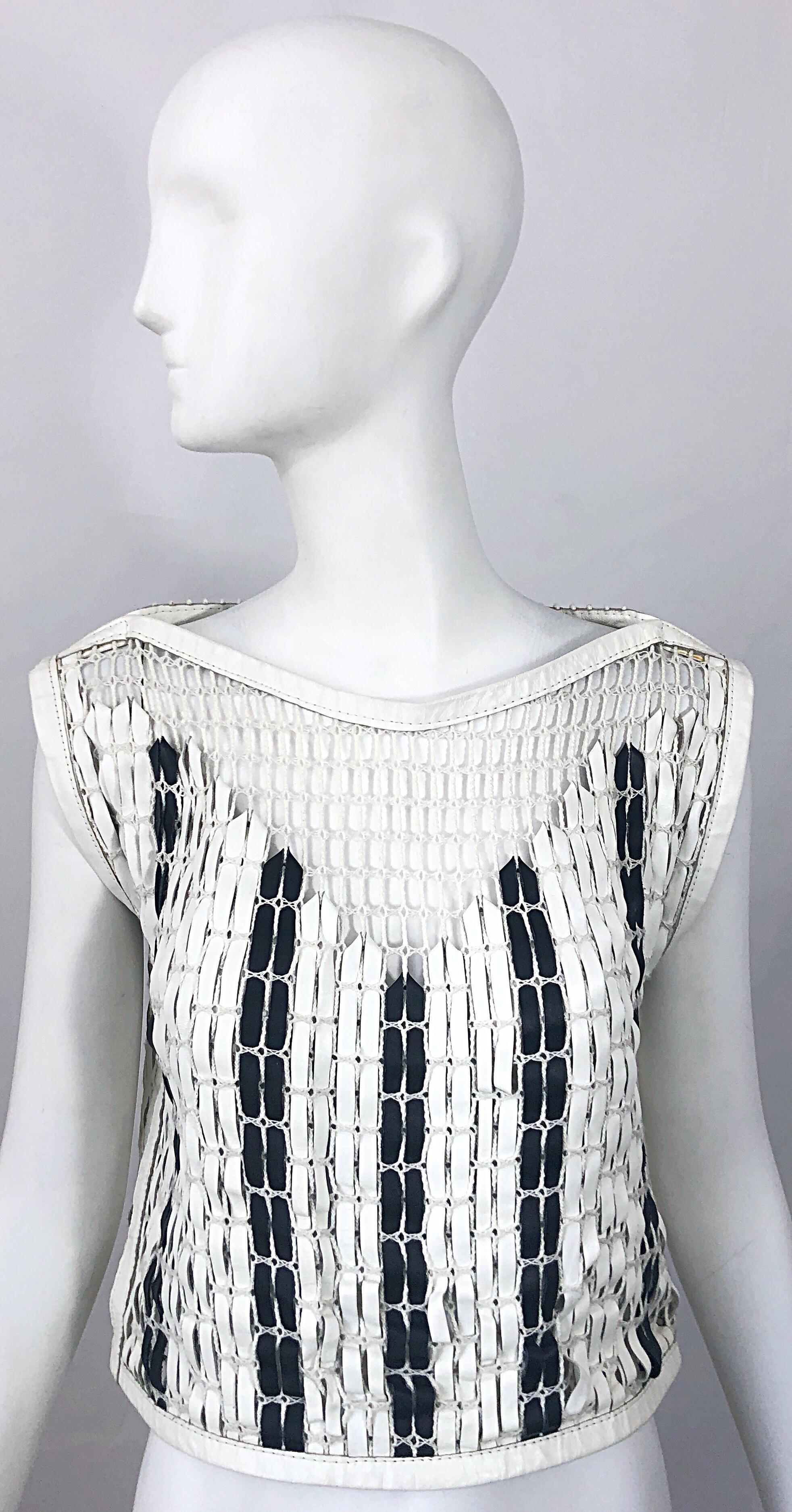 Bottega Veneta 2000s Black and White Leather Cotton Fishnet Avant Garde Crop Top For Sale 6