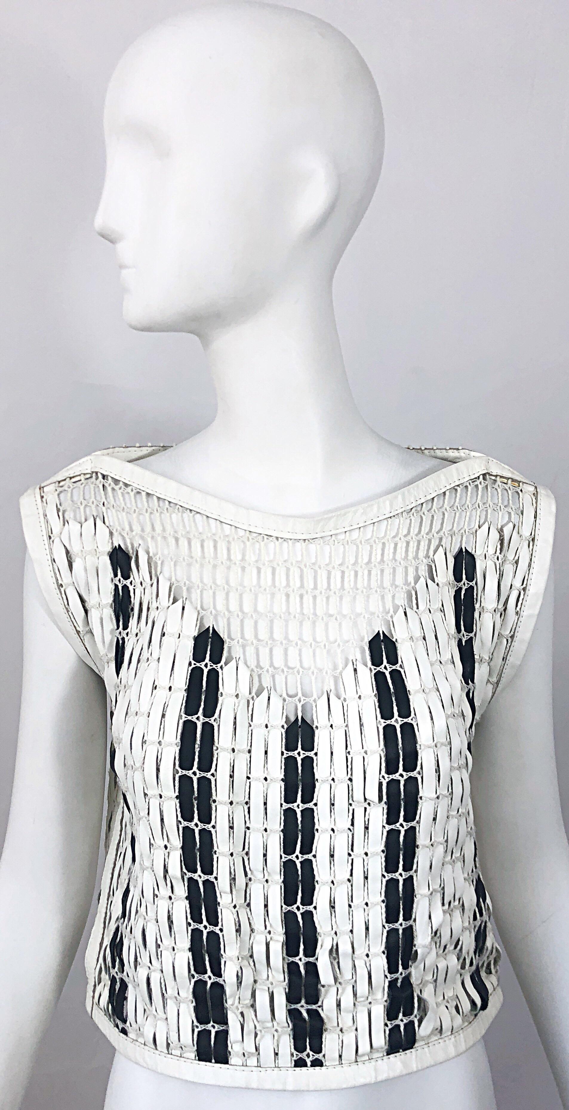 Amazing early / mid 2000s vintage BOTTEGA VENETA black and white leather + cotton woven crop top! Believed to be an original sample of the premiere ready to wear collection in 2005, when Bottega Veneta debuted their first ready to wear women's line.