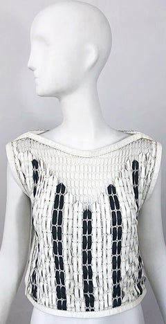 Bottega Veneta 2000s Black and White Leather Cotton Fishnet Avant Garde Crop Top
