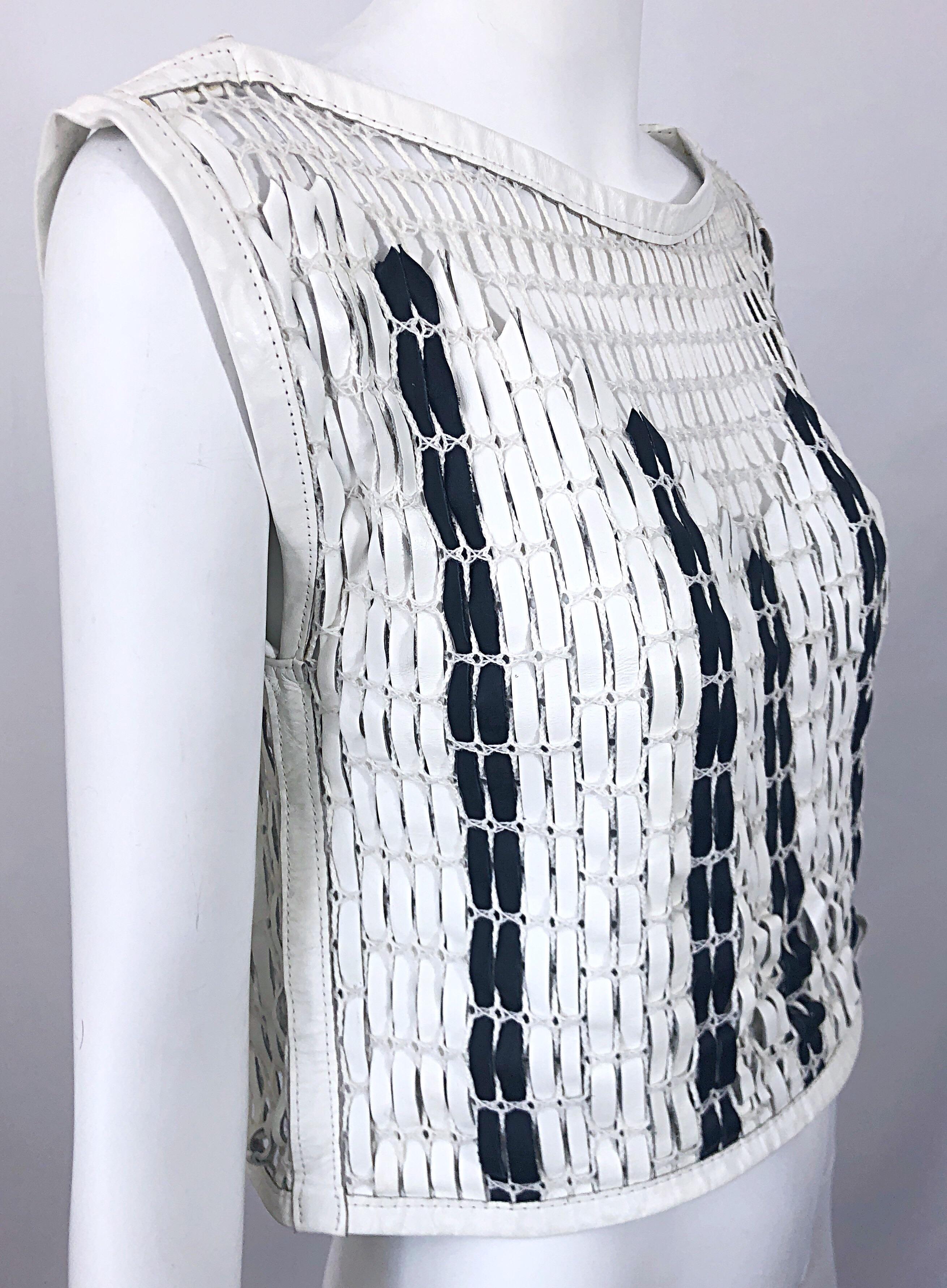 Gray Bottega Veneta 2000s Black and White Leather Cotton Fishnet Avant Garde Crop Top For Sale
