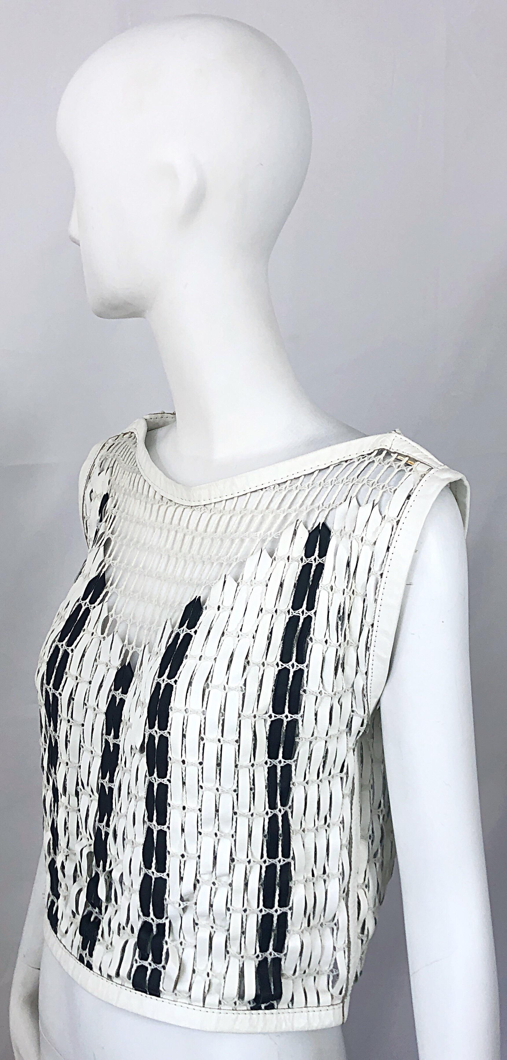 Bottega Veneta 2000s Black and White Leather Cotton Fishnet Avant Garde Crop Top In Good Condition For Sale In San Diego, CA