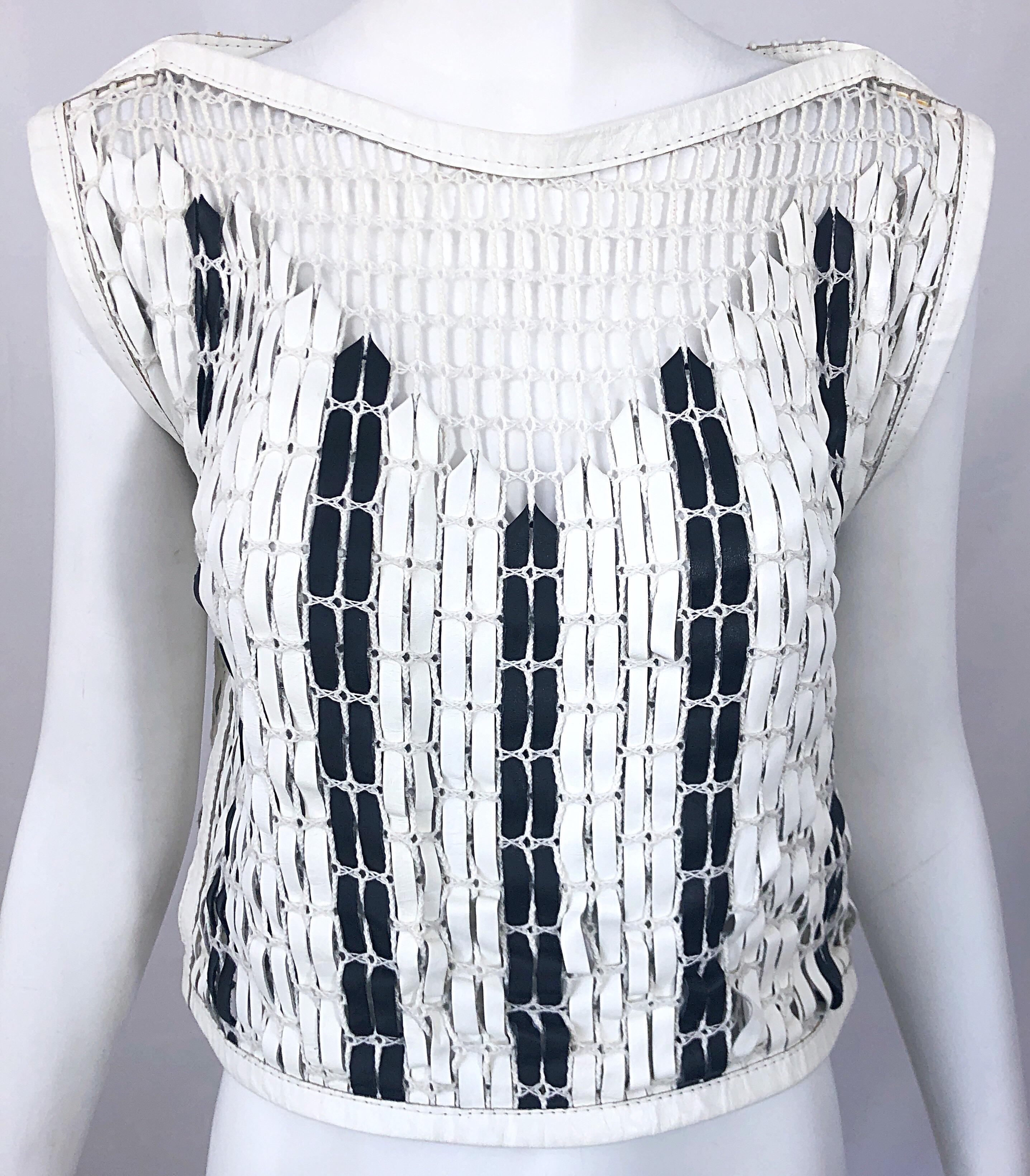 Bottega Veneta 2000s Black and White Leather Cotton Fishnet Avant Garde Crop Top For Sale 1