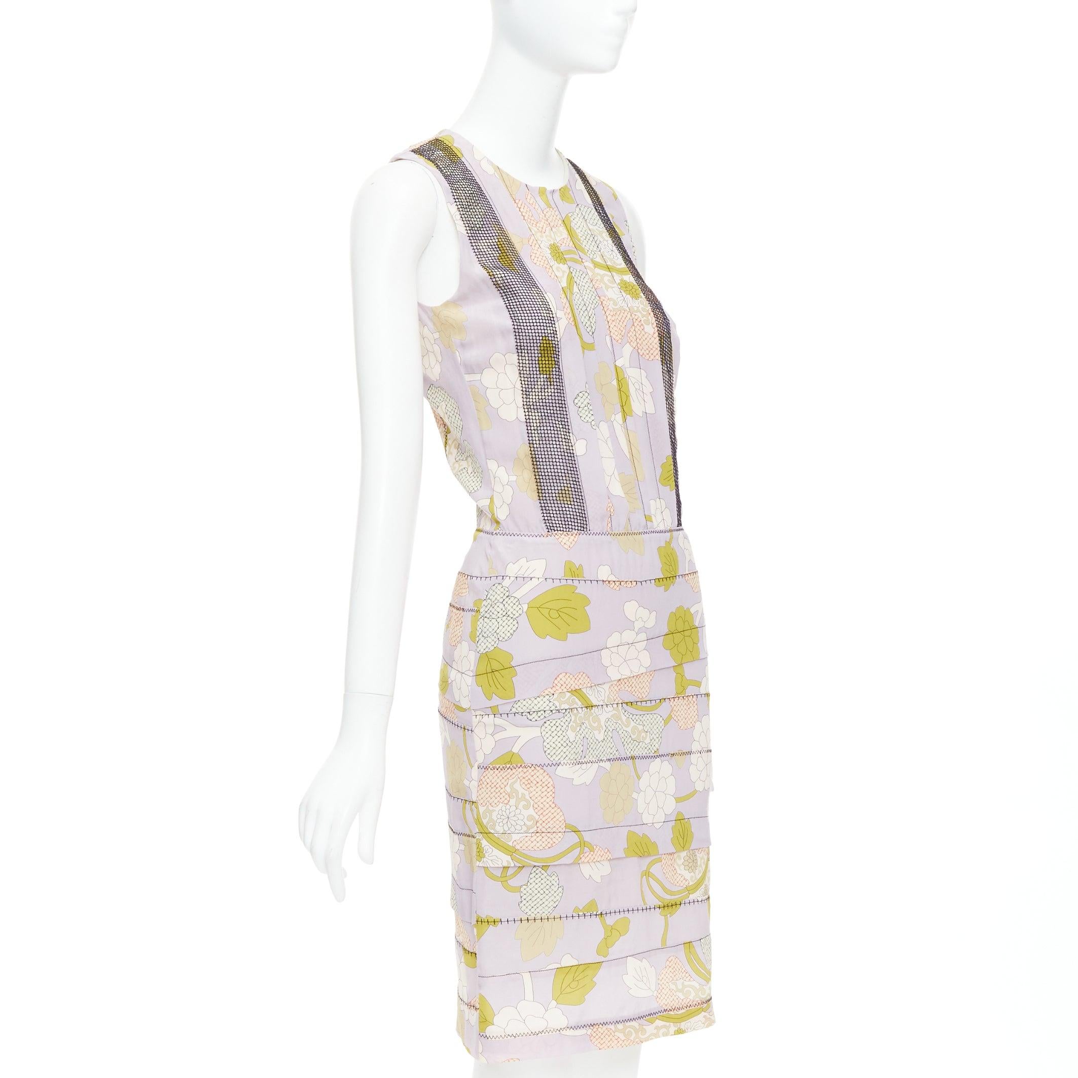 Beige BOTTEGA VENETA 2015 Runway silk purple floral print mesh pleat dress IT38 XS For Sale