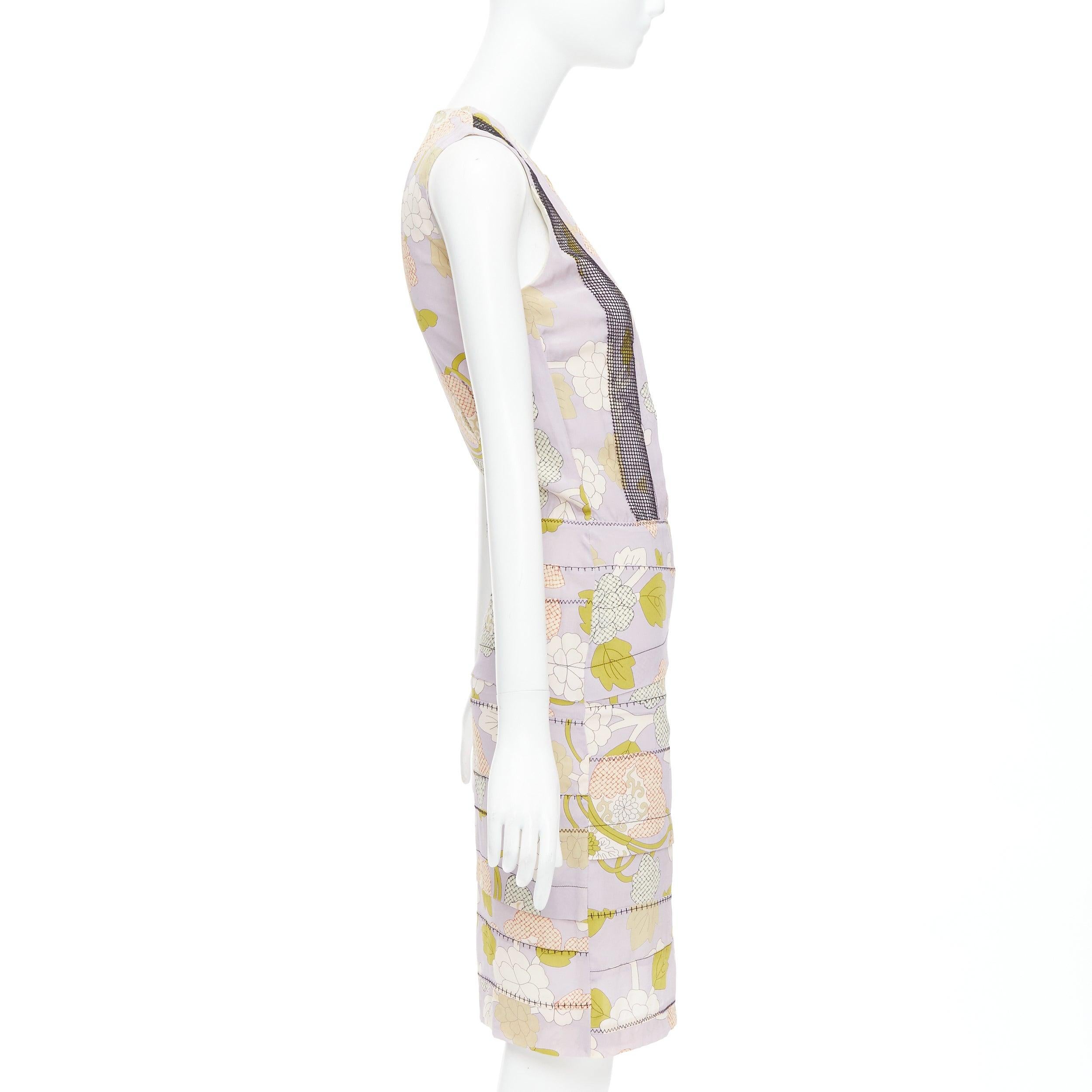 BOTTEGA VENETA 2015 Runway silk purple floral print mesh pleat dress IT38 XS In Good Condition For Sale In Hong Kong, NT