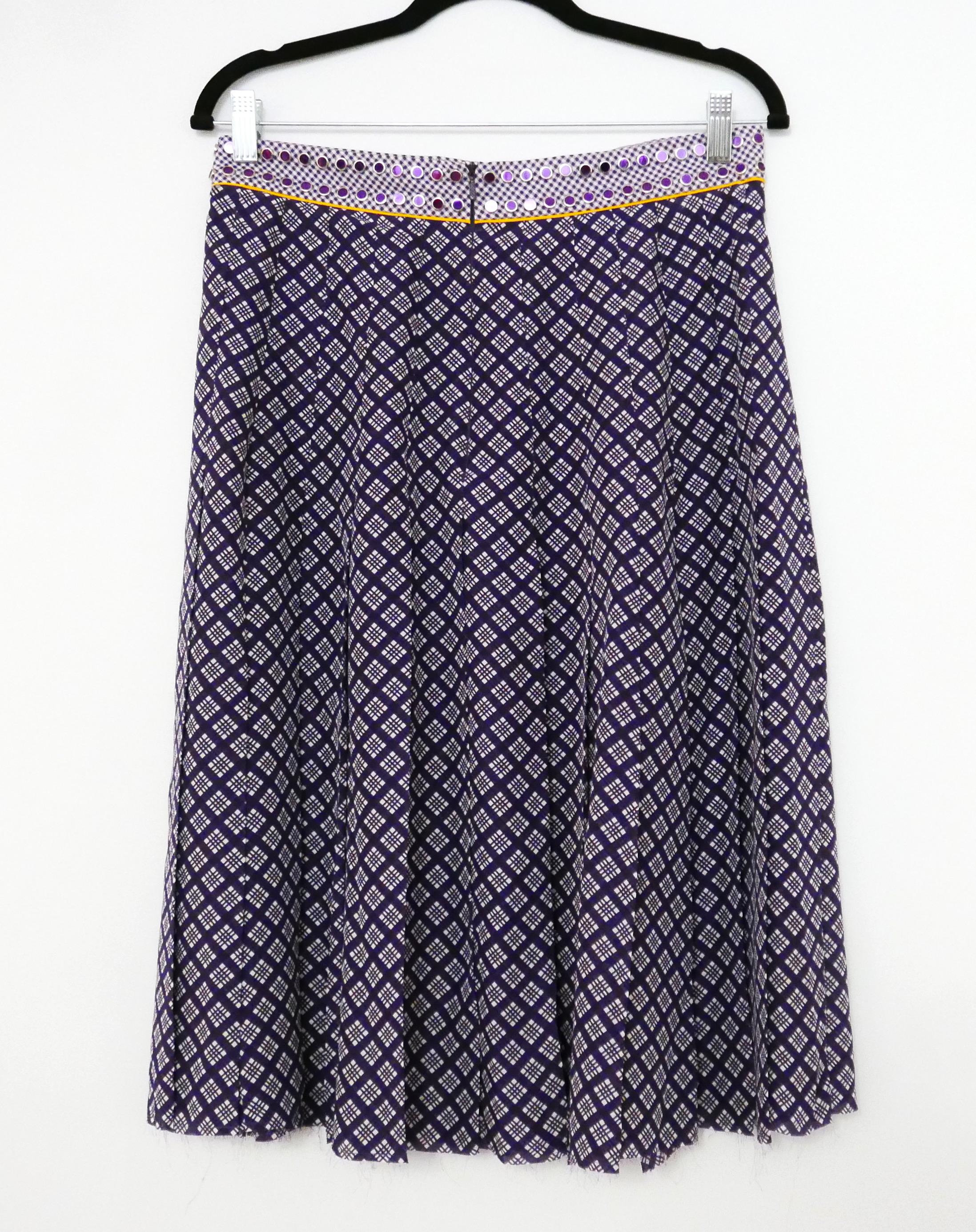 Super cool Western inspired skirt from Bottega Veneta’s SS18 collection. Bought for £950 and unworn. 

I have the matching shirt listed also.

Made from soft purple and white plaid printed silk with contrast waistband and purple mirror studded