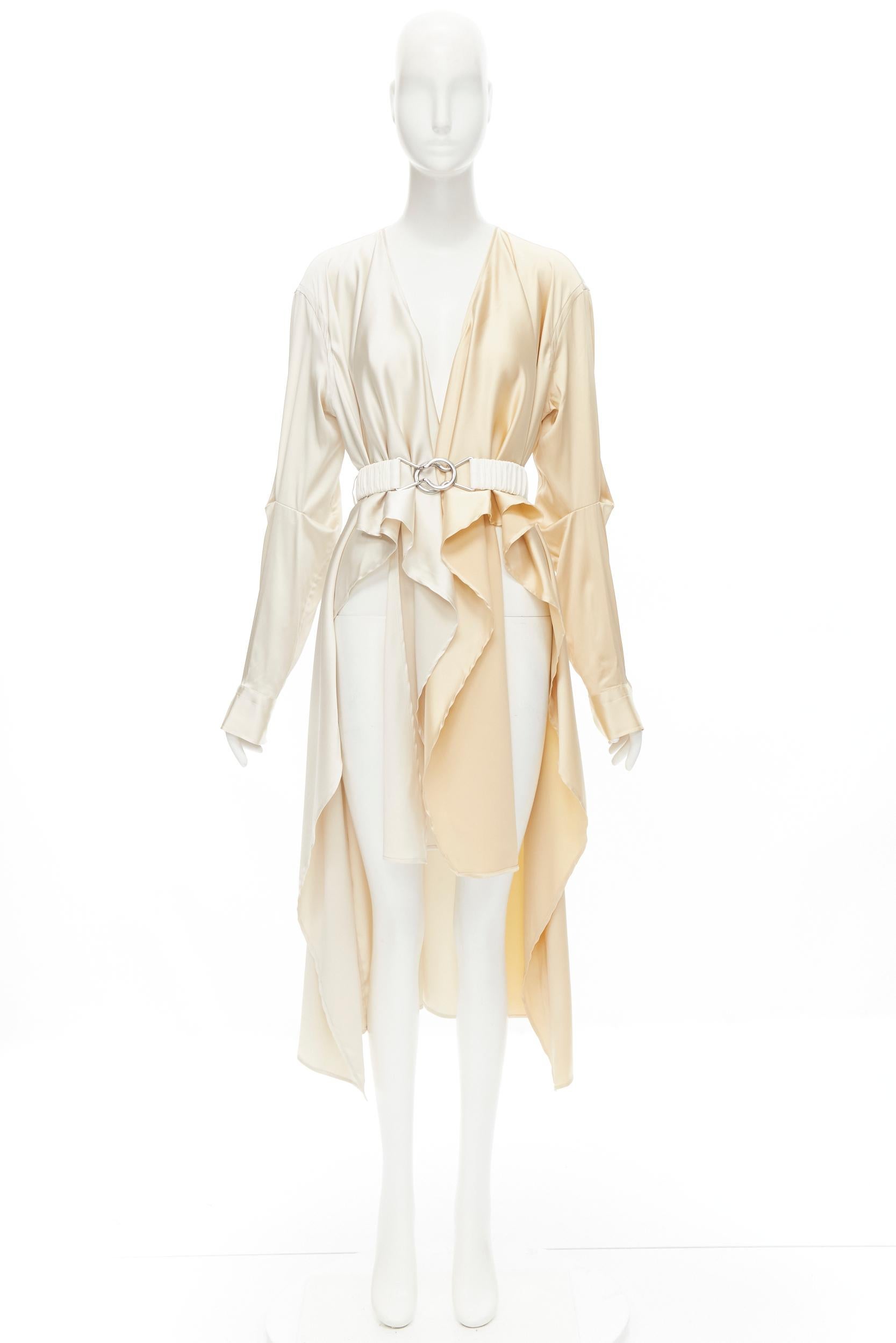 BOTTEGA VENETA 2019 Daniel Lee 100% silk cream leather belted draped robe IT40 S 1