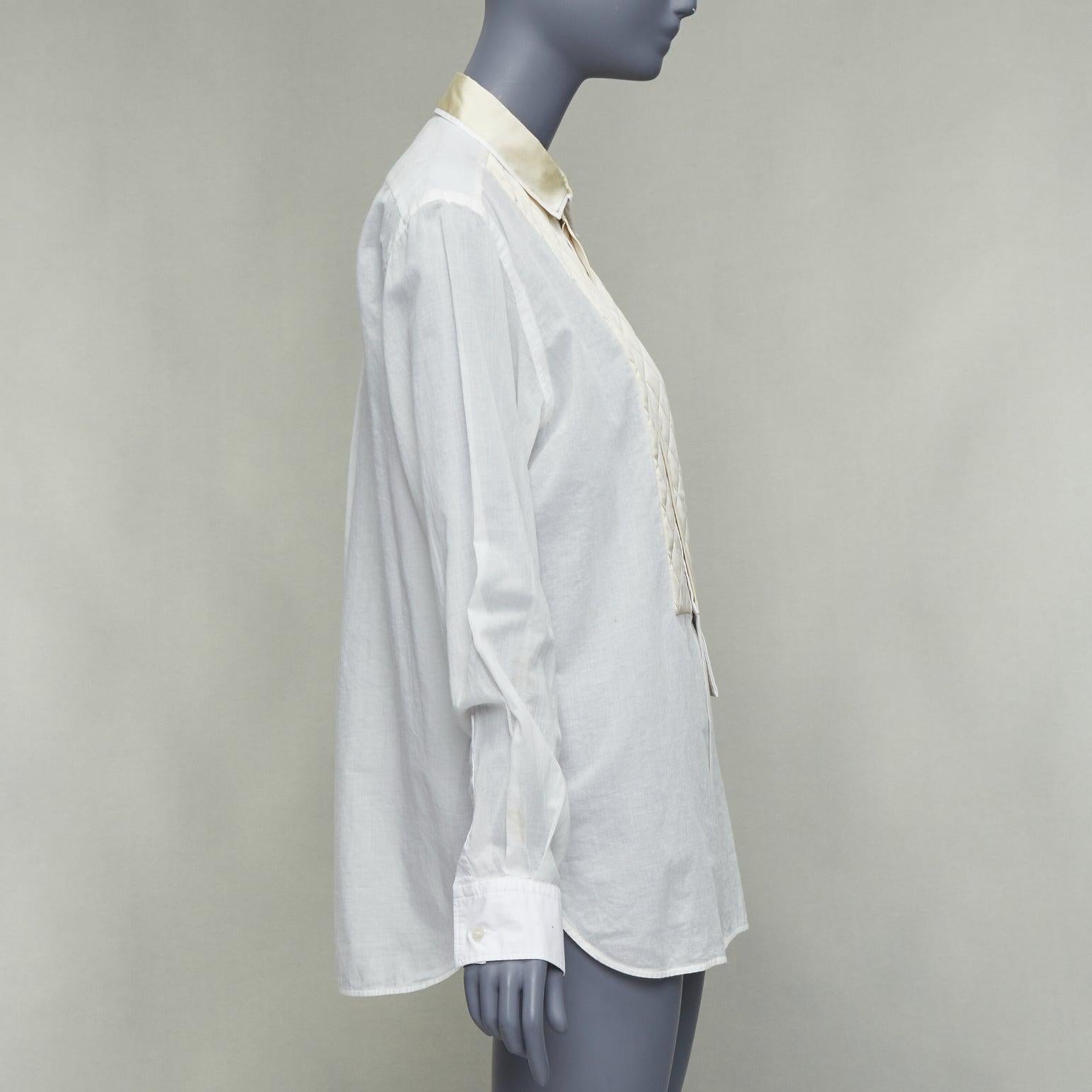 BOTTEGA VENETA 2019 white cotton cream silk blend quilted panels shirt IT42 M In Fair Condition For Sale In Hong Kong, NT
