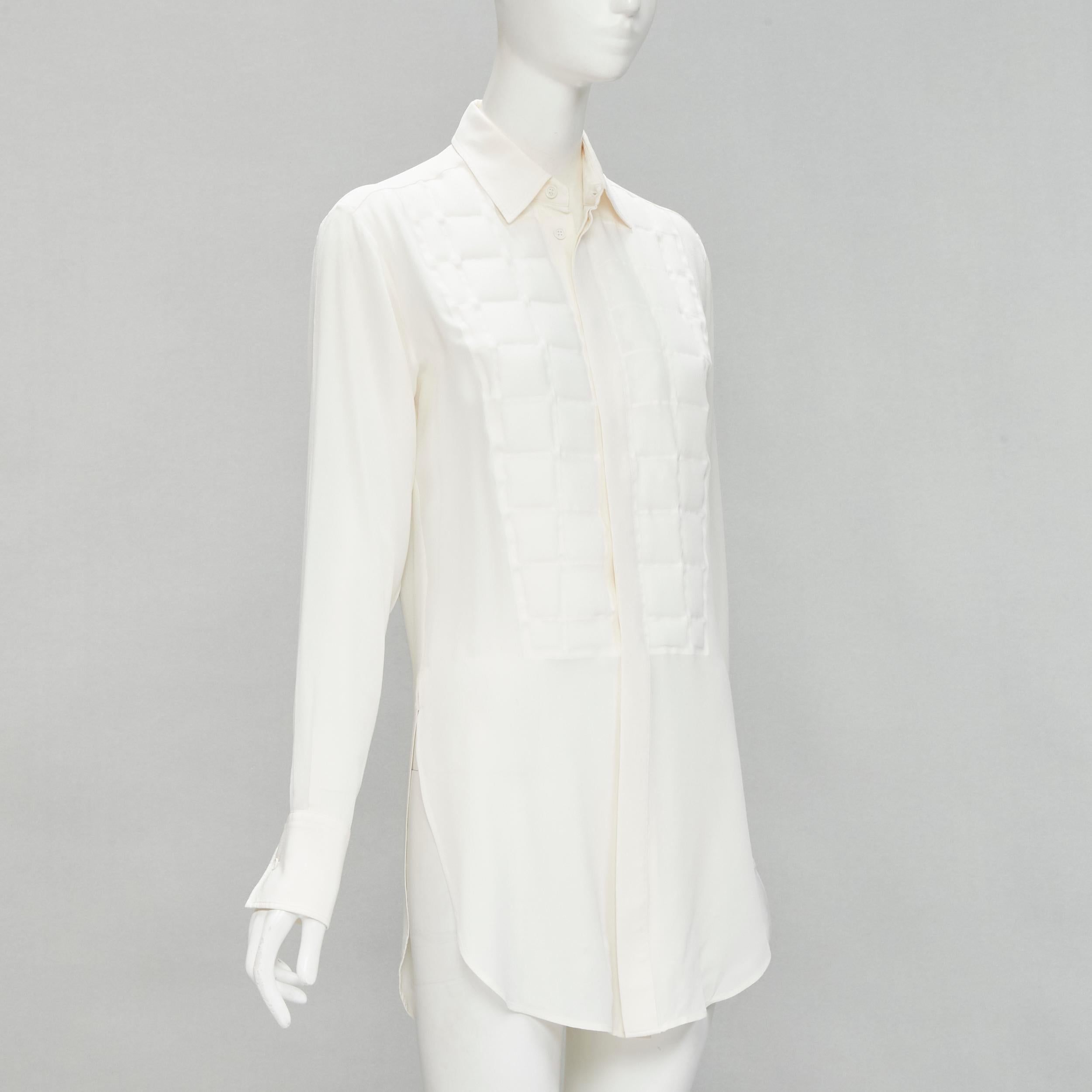 Gray BOTTEGA VENETA 2020 100% silk quilte padded bib collar long line shirt IT38 XS For Sale