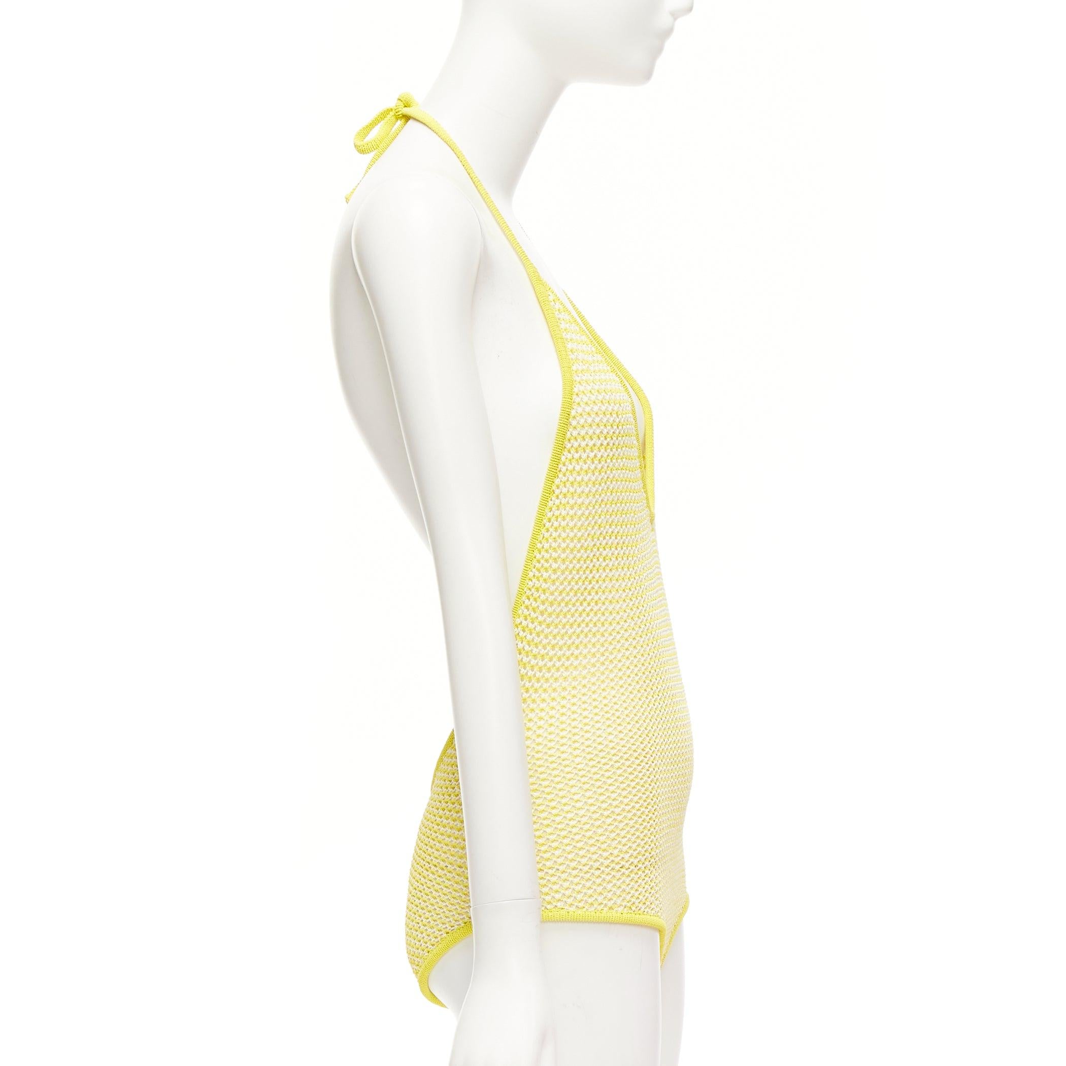 BOTTEGA VENETA 2021 Fishnet Body yellow white knitted halter leotard top S In New Condition For Sale In Hong Kong, NT