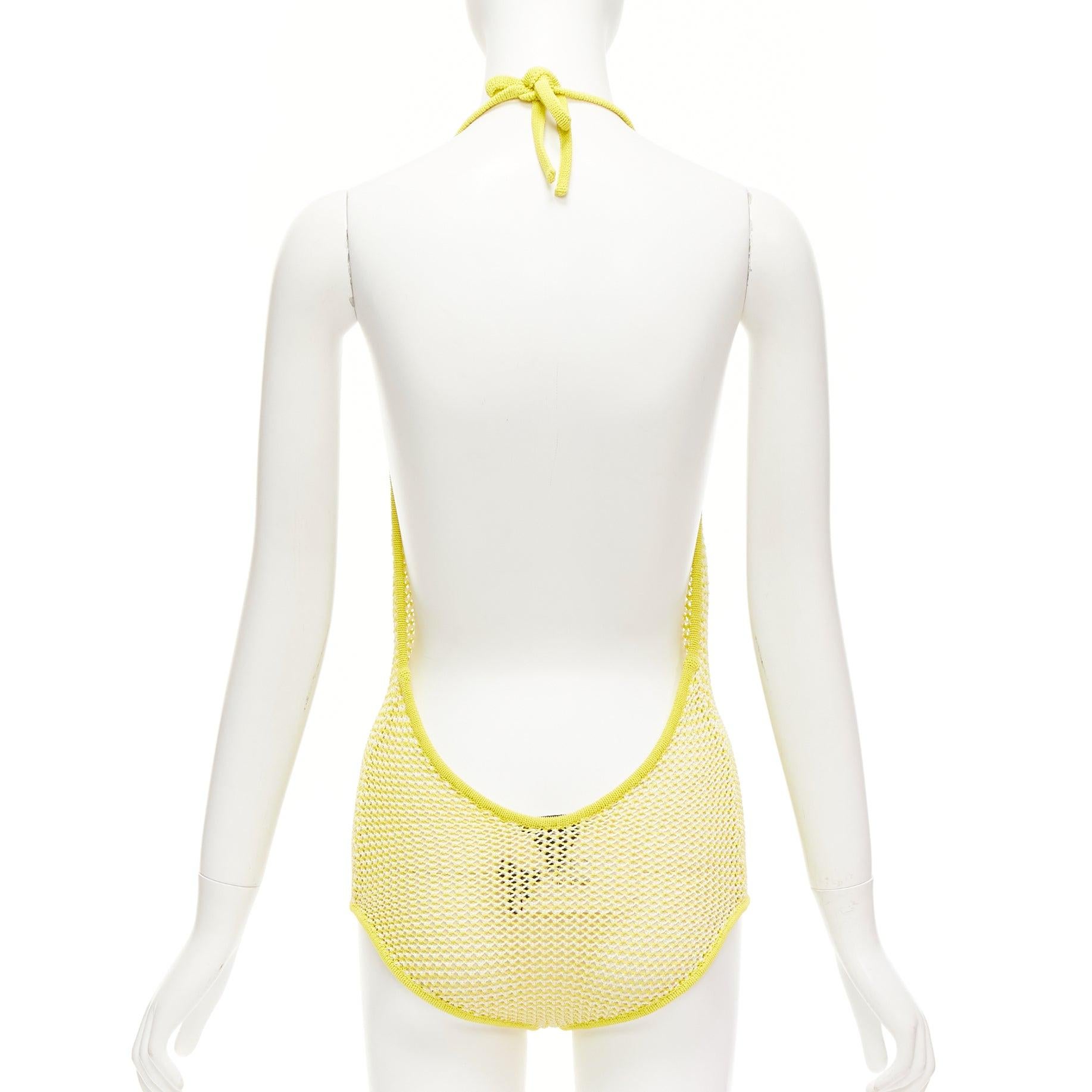 Women's BOTTEGA VENETA 2021 Fishnet Body yellow white knitted halter leotard top S For Sale