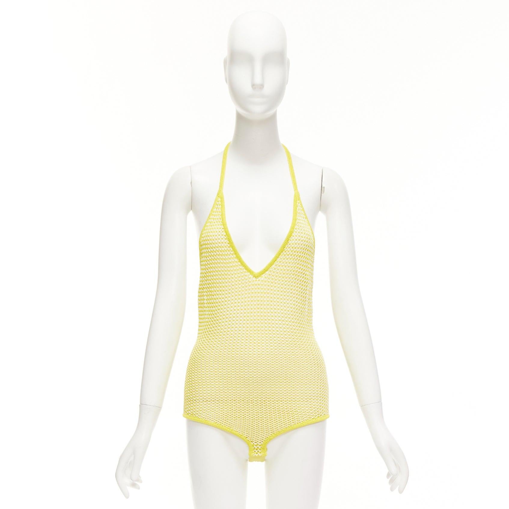 BOTTEGA VENETA 2021 Fishnet Body yellow white knitted halter leotard top S For Sale 4