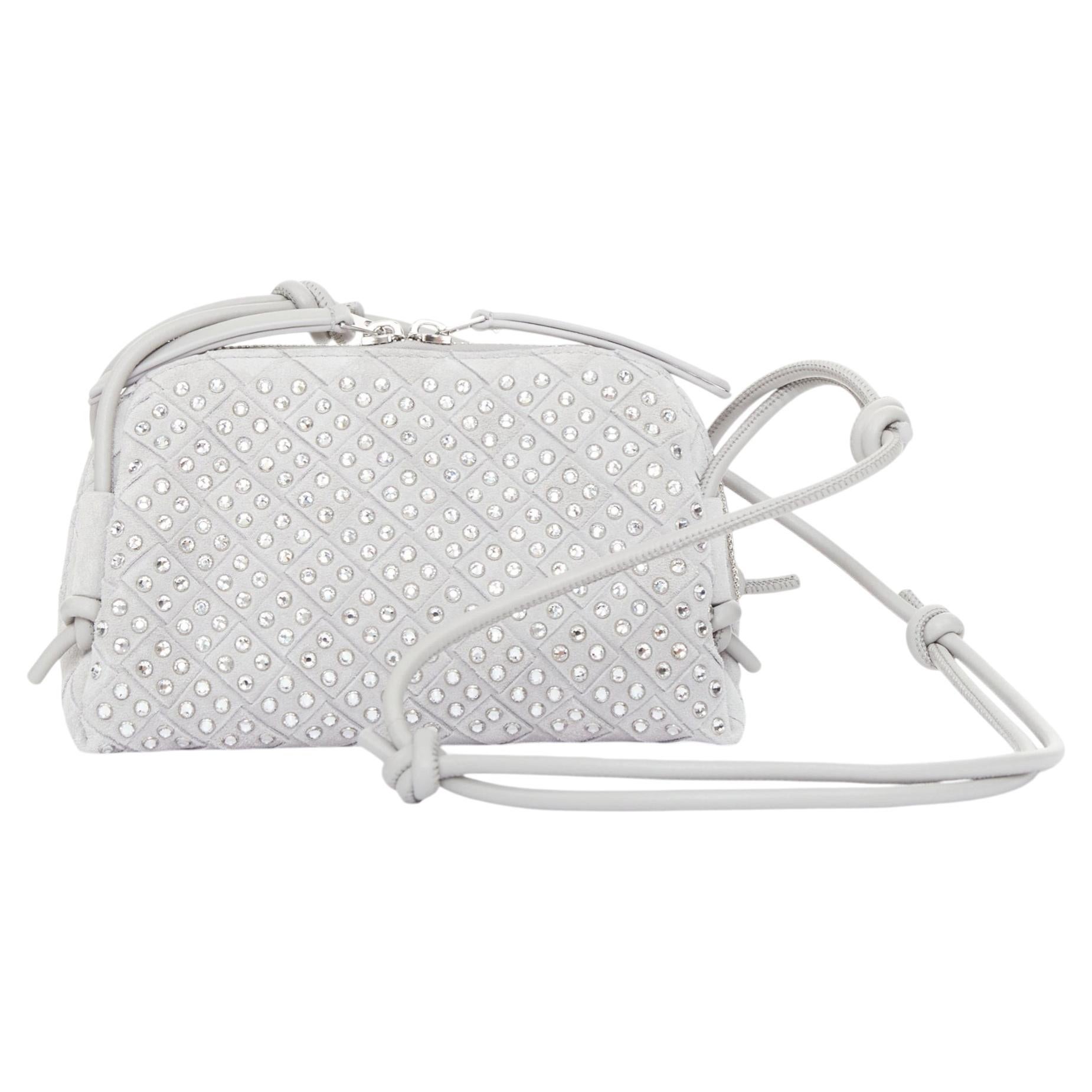Pre-owned Bottega Veneta 2024 Concert Pouch Suede Strass Intrecciato Woven Shoulder Bag In Gray
