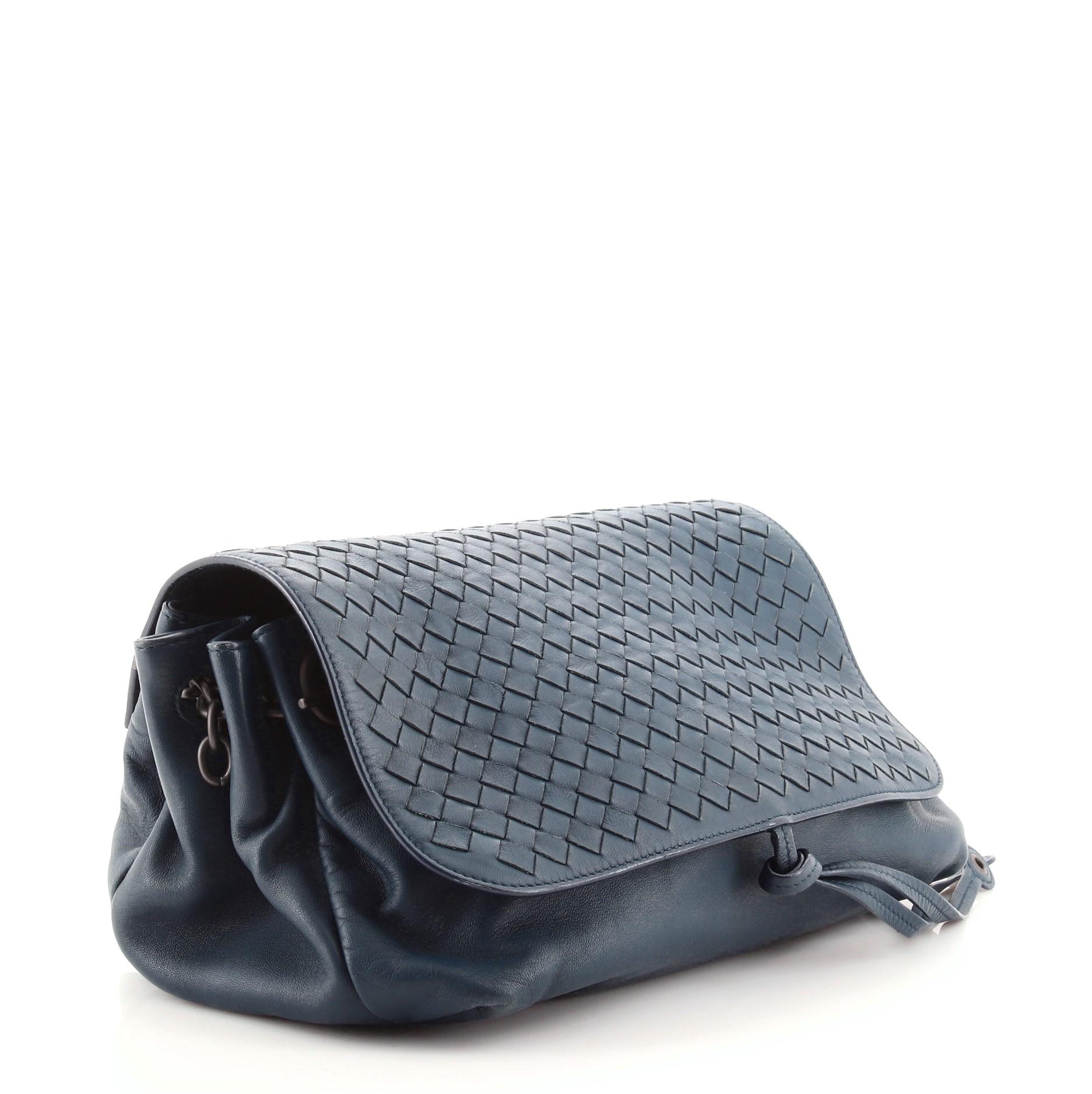 Gray Bottega Veneta Accordion Flap Messenger Leather with Intrecciato Medium