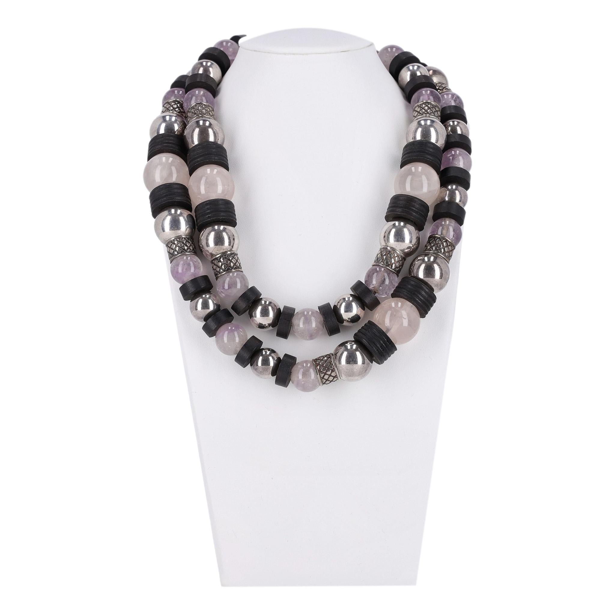 Aesthetic Movement Bottega Veneta Amythest,  Rose Quartz, Sterling Silver & Wood Necklace with Onyx For Sale