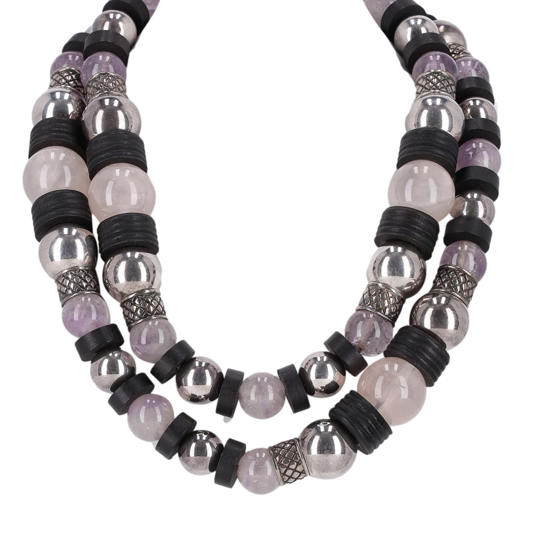 Bottega Veneta Amythest,  Rose Quartz, Sterling Silver & Wood Necklace with Onyx In Excellent Condition For Sale In London, GB