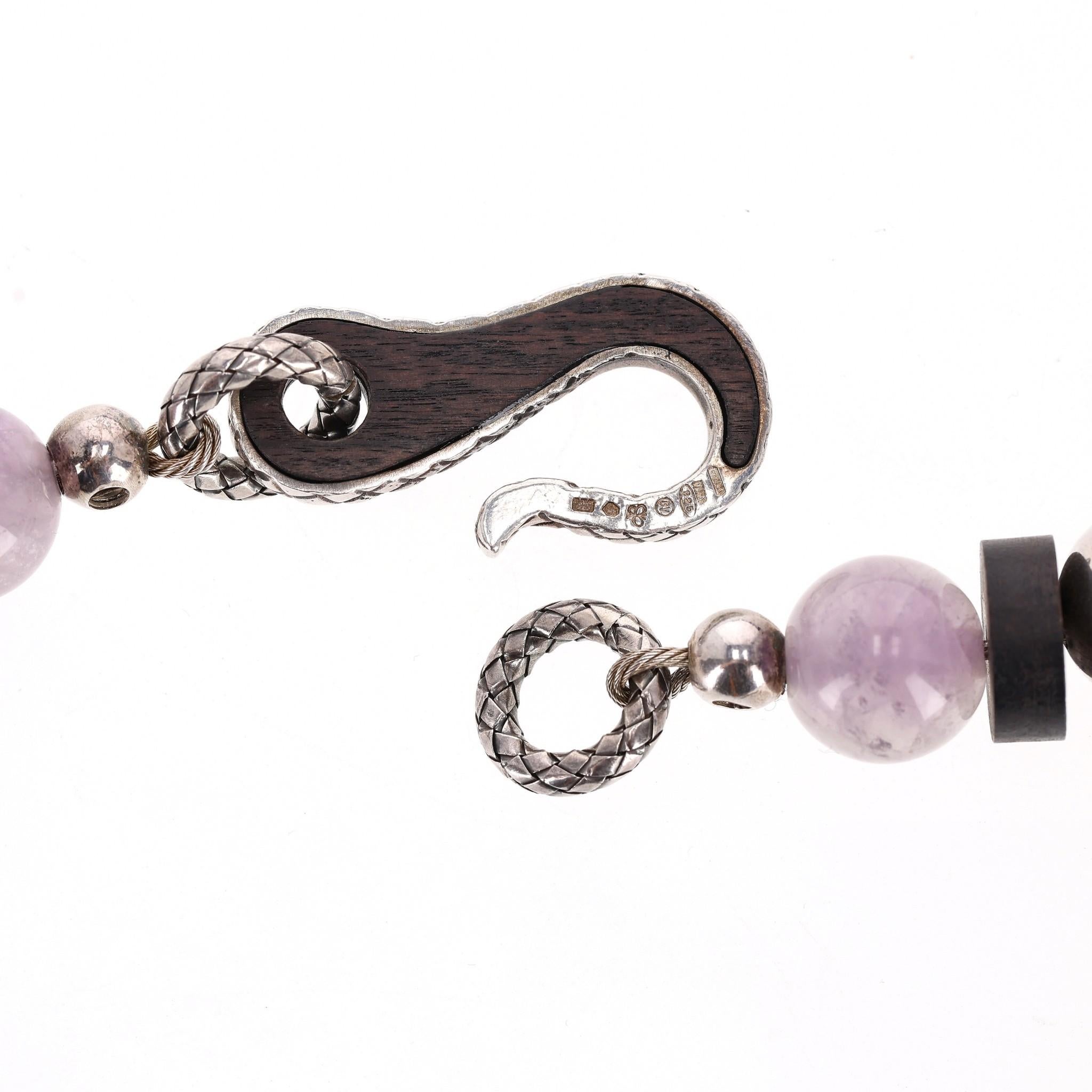 Bottega Veneta Amythest,  Rose Quartz, Sterling Silver & Wood Necklace with Onyx For Sale 2