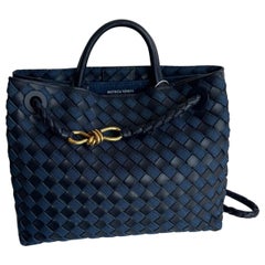 Bottega Veneta Andiamo Medium Navy Leather and Denim Intrecciato Leather Handbag