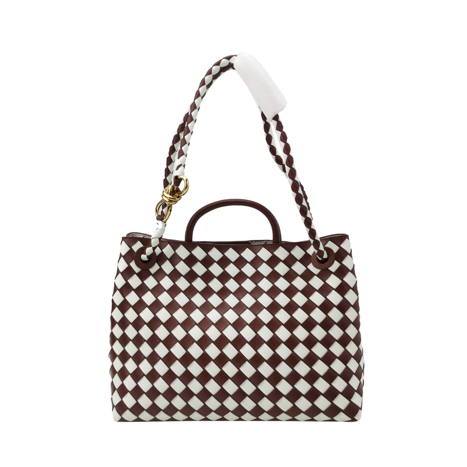 Bottega Veneta Andiamo Medium White and Burgundy Checkered Intrecciato Leather