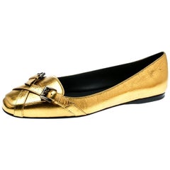 Bottega Veneta Antique Gold Leather Cross Buckle Strap Flats Ballet Size 38