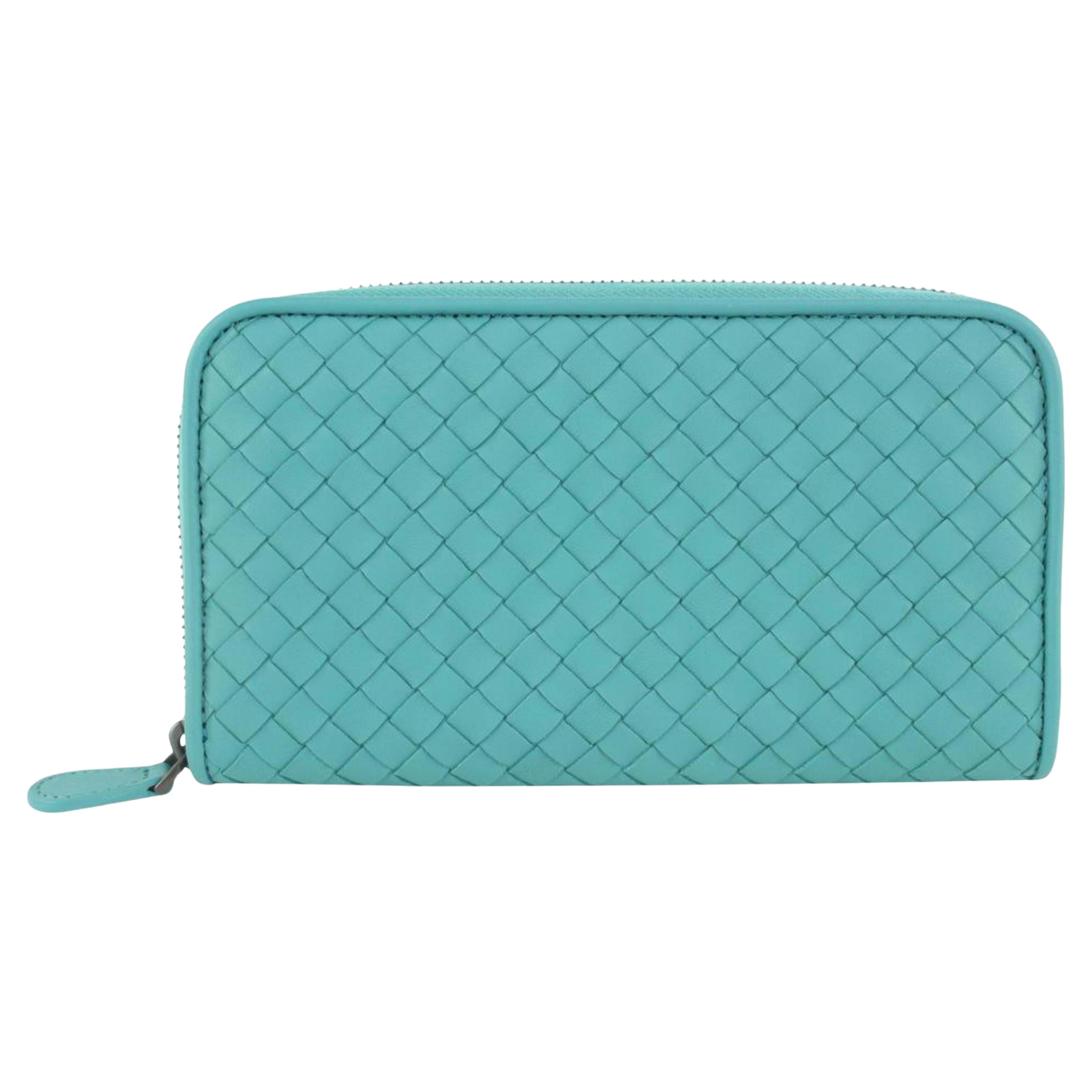 Bottega Aqua Intrecciato Woven Leather Zip Around Continental