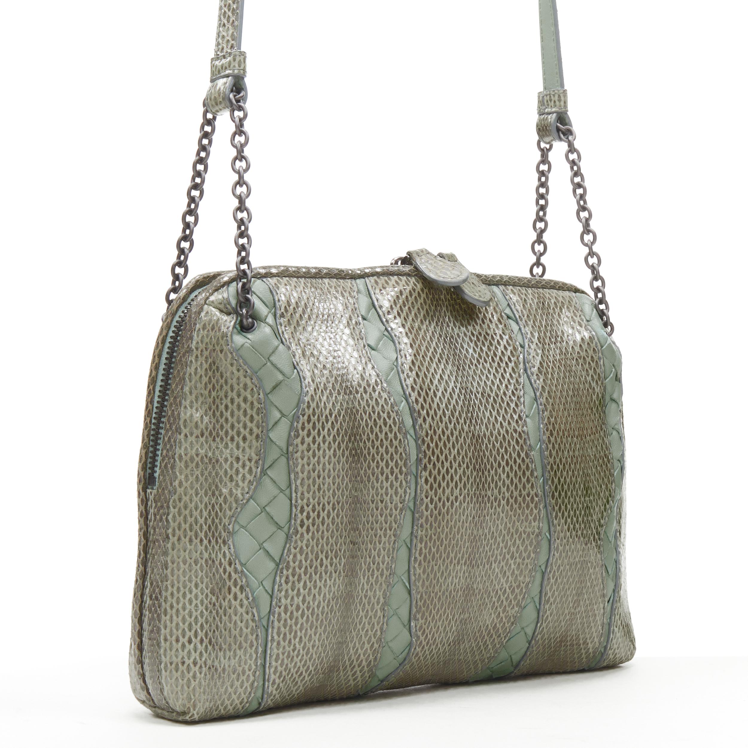 Gray BOTTEGA VENETA Ayers watersnake green Intrecciato woven top zip crossbody bag For Sale