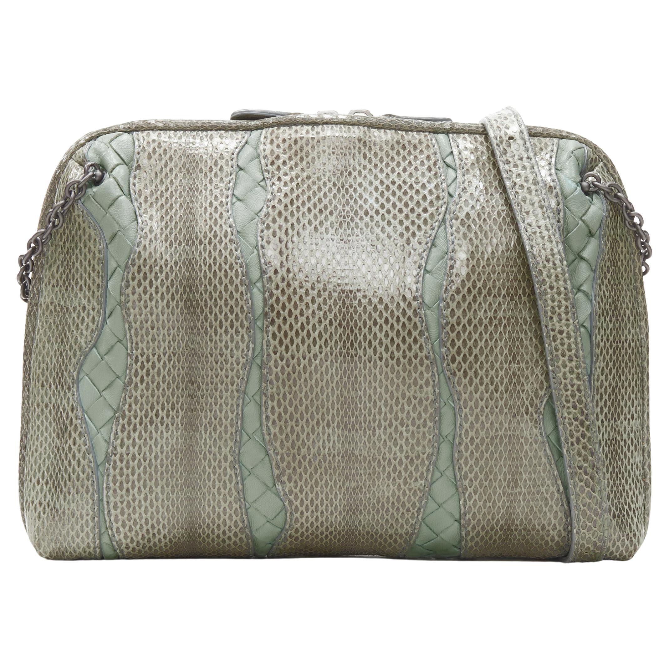 Bottega Veneta Ayers Watersnake Green Intrecciato Woven Top Zip Crossbody Bag