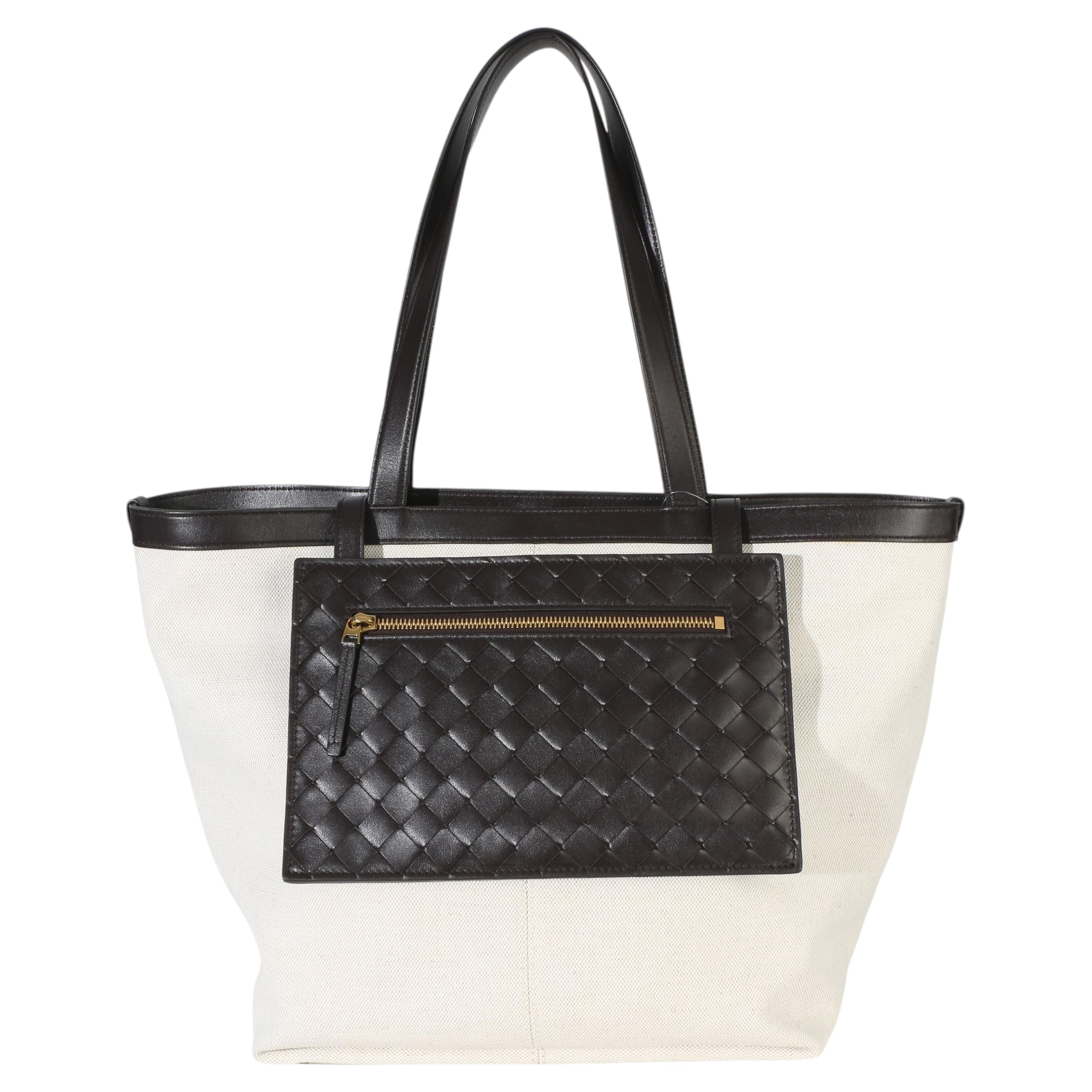 Bottega Veneta Beige Brown Canvas Mix Nappa Intrecciato Medium Flip Flap Tote For Sale