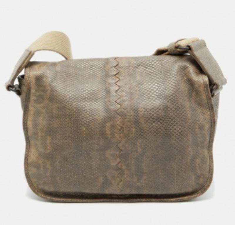 Bottega Veneta Beige/Brown Karung Leather Gardena Messenger Bag en vente 2