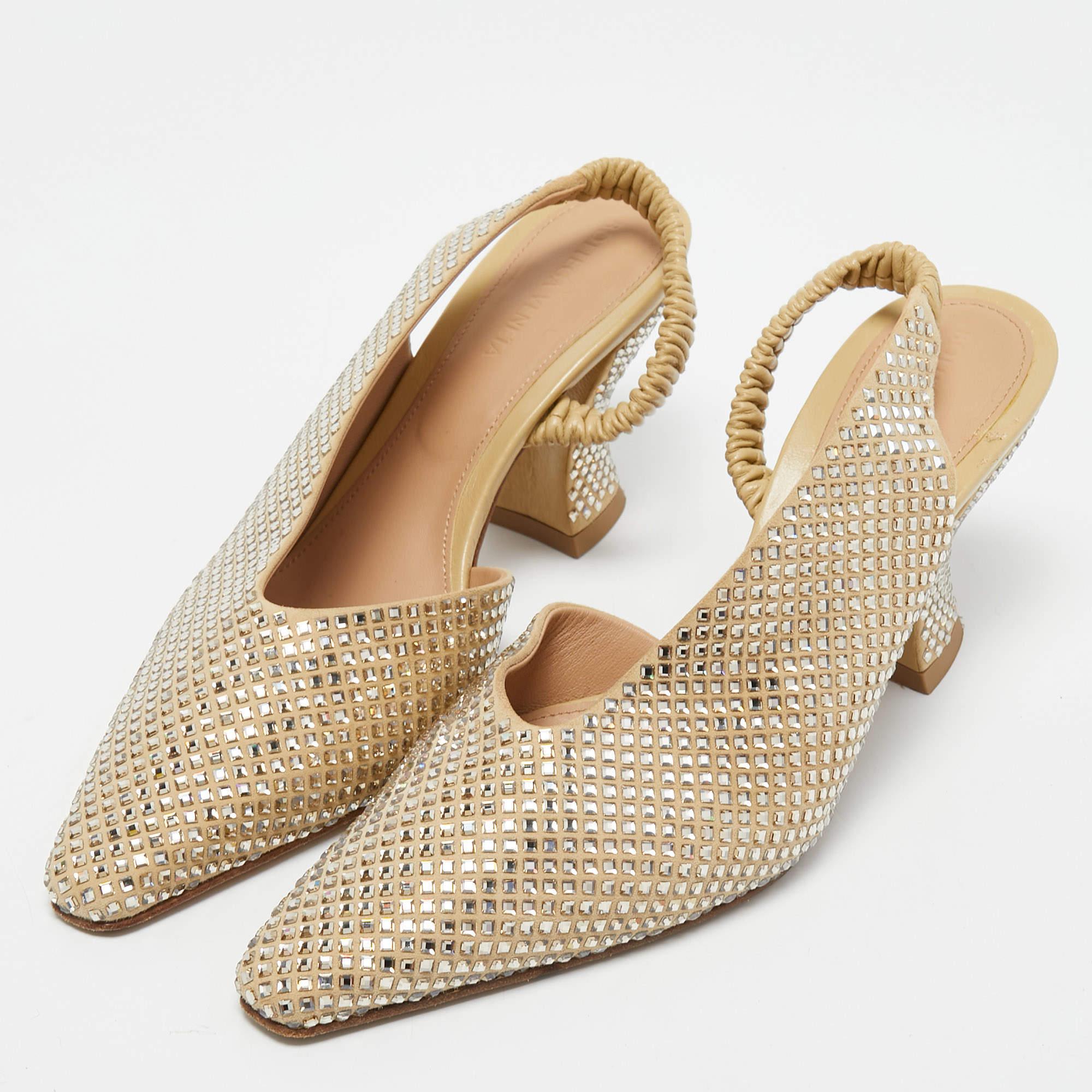 Women's Bottega Veneta Beige Crystal Embellished Suede Slingback Pumps Size 38