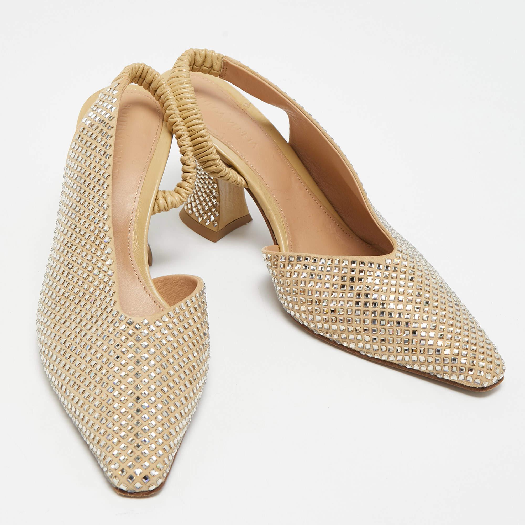 Bottega Veneta Beige Crystal Embellished Suede Slingback Pumps Size 38 1