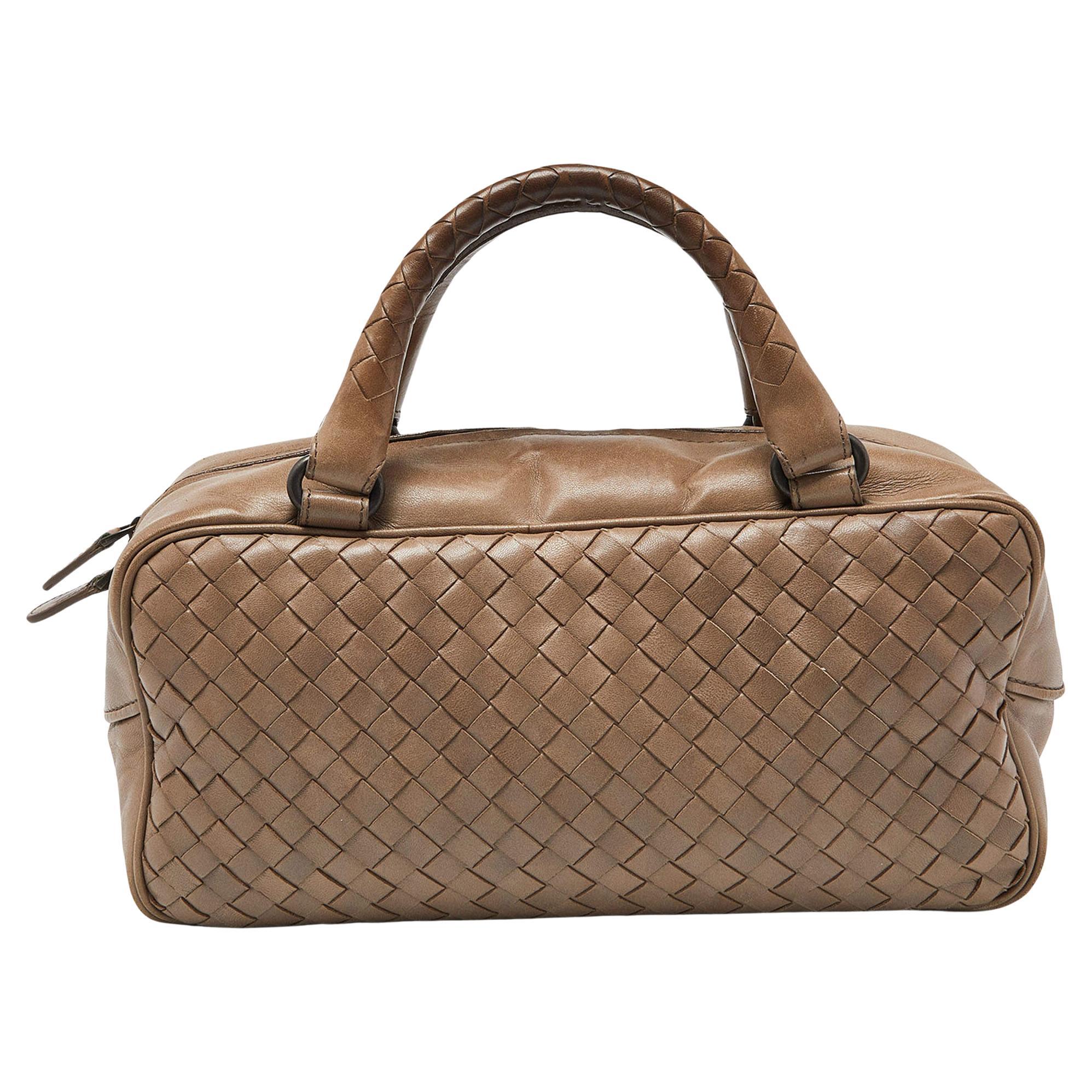 Bottega Veneta Beige Intrecciato Leather Boston Bag For Sale