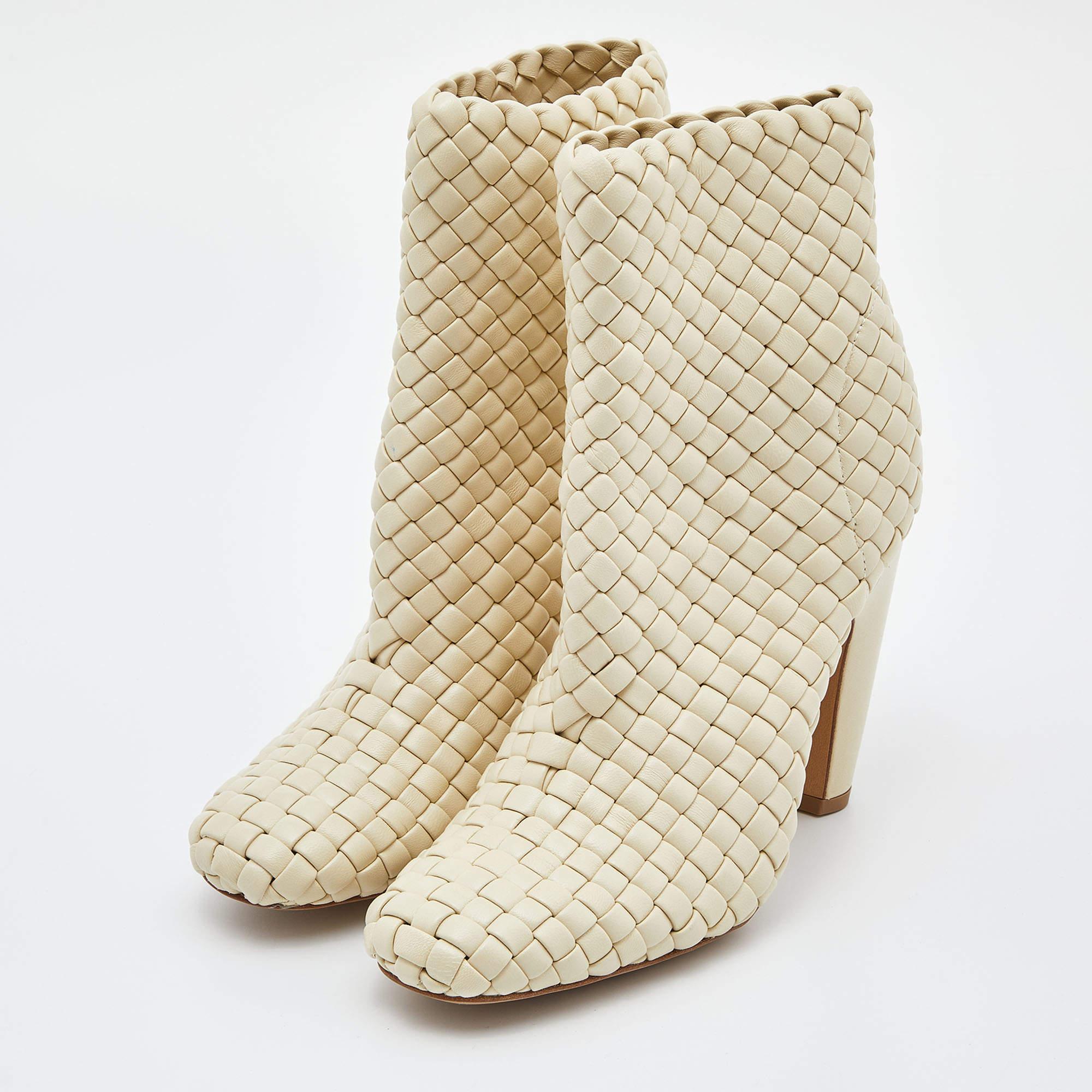 Bottega Veneta Beige Intrecciato Leather Canalazzo Ankle Boots Size 36 5