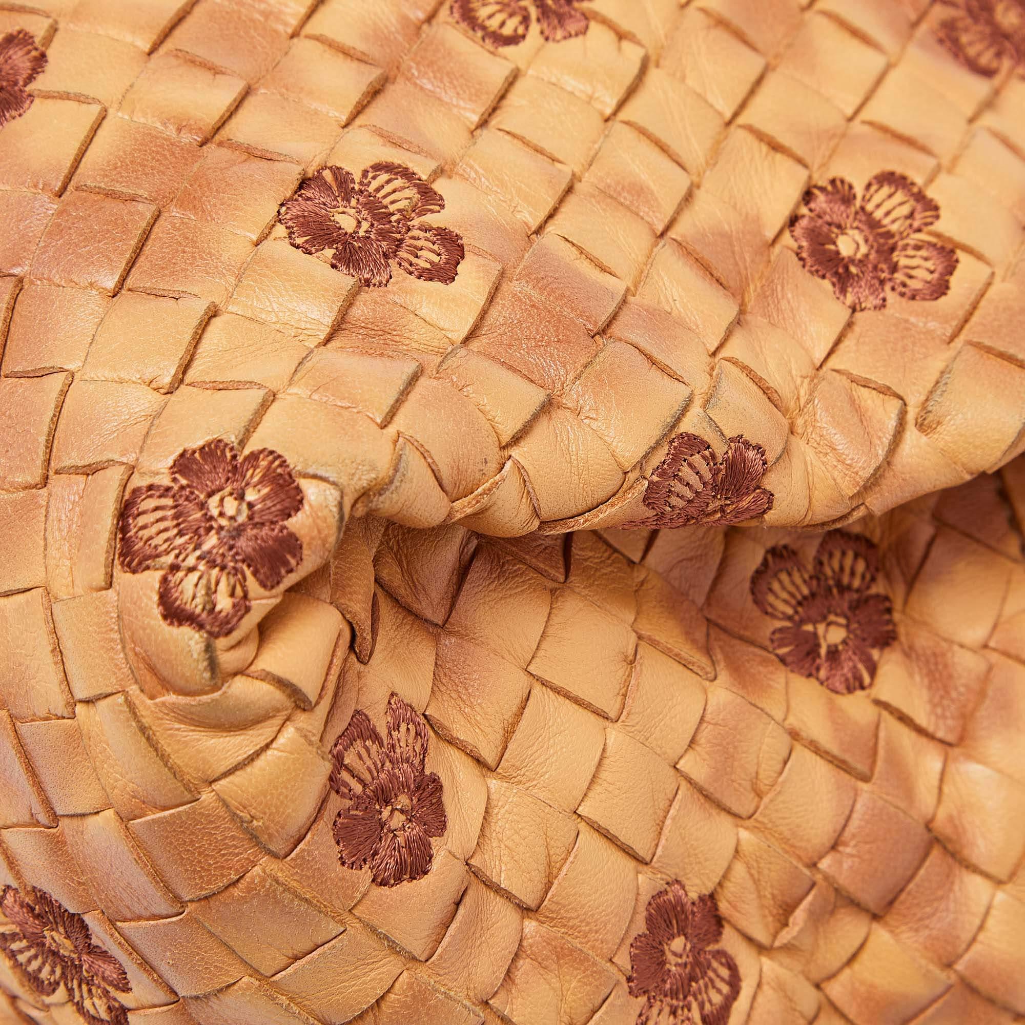 Women's Bottega Veneta Beige Intrecciato Leather Embroidered Floral Satchel