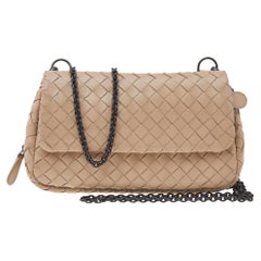 Bottega Veneta Beige Intrecciato Leather Flap Chain Crossbody Bag