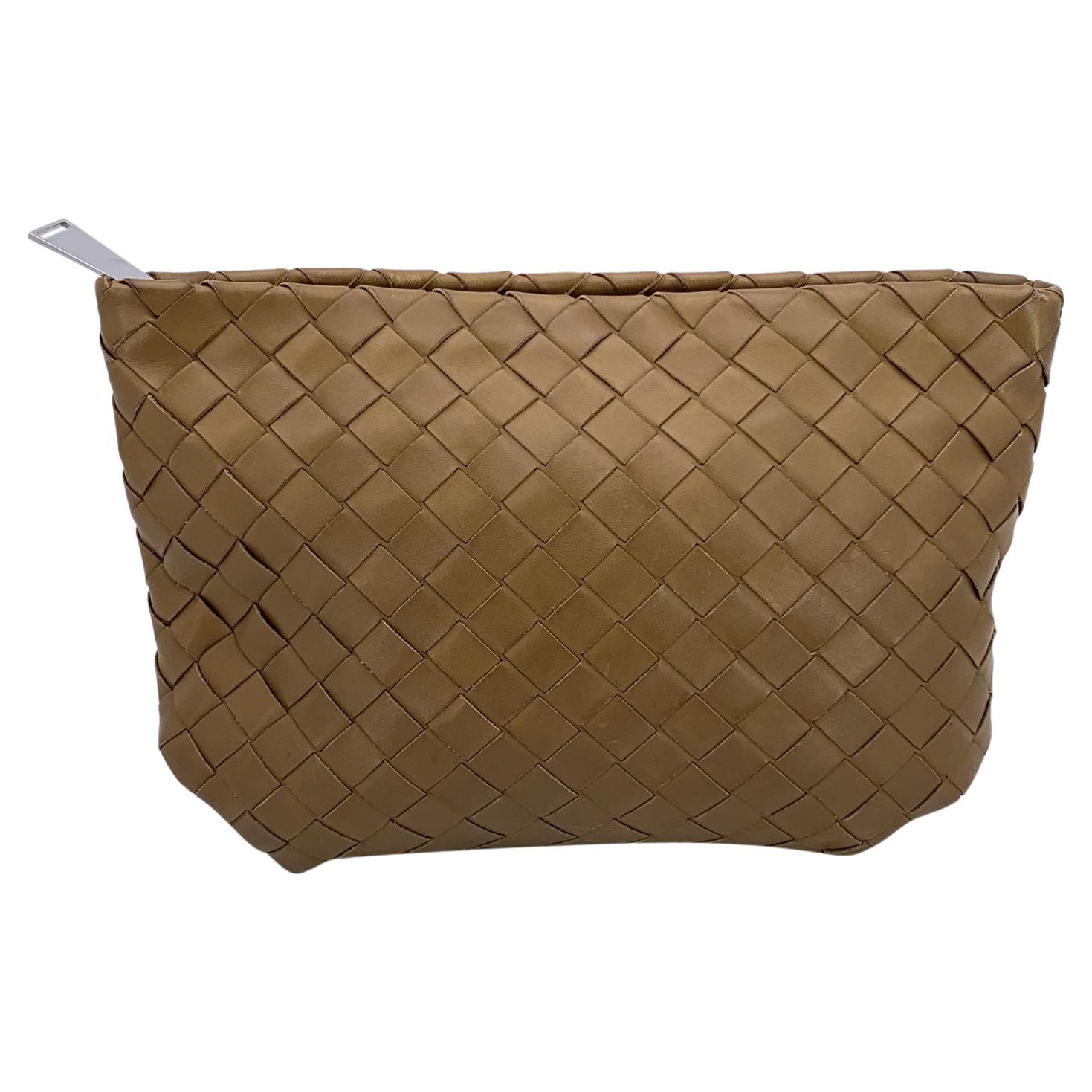 Bottega Veneta Beige Intrecciato Leather Zip Pouch Clutch Pochette