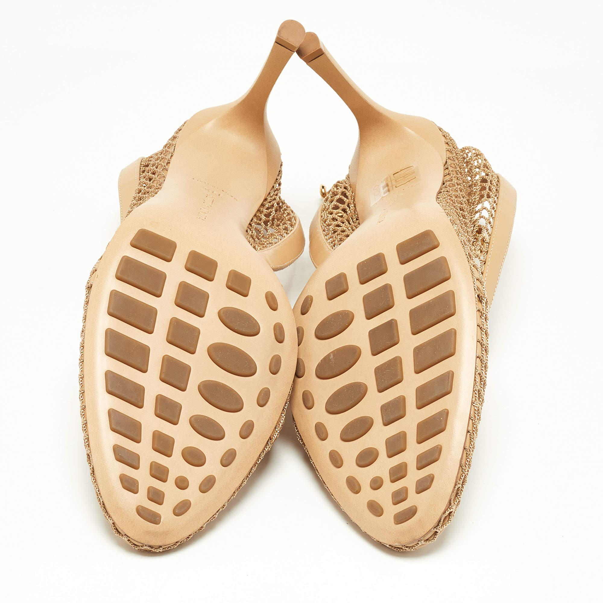 Donna Bottega Veneta Beige Mesh e Pelle Chunky Chain Ankle Strap Pumps Taglia 39.5