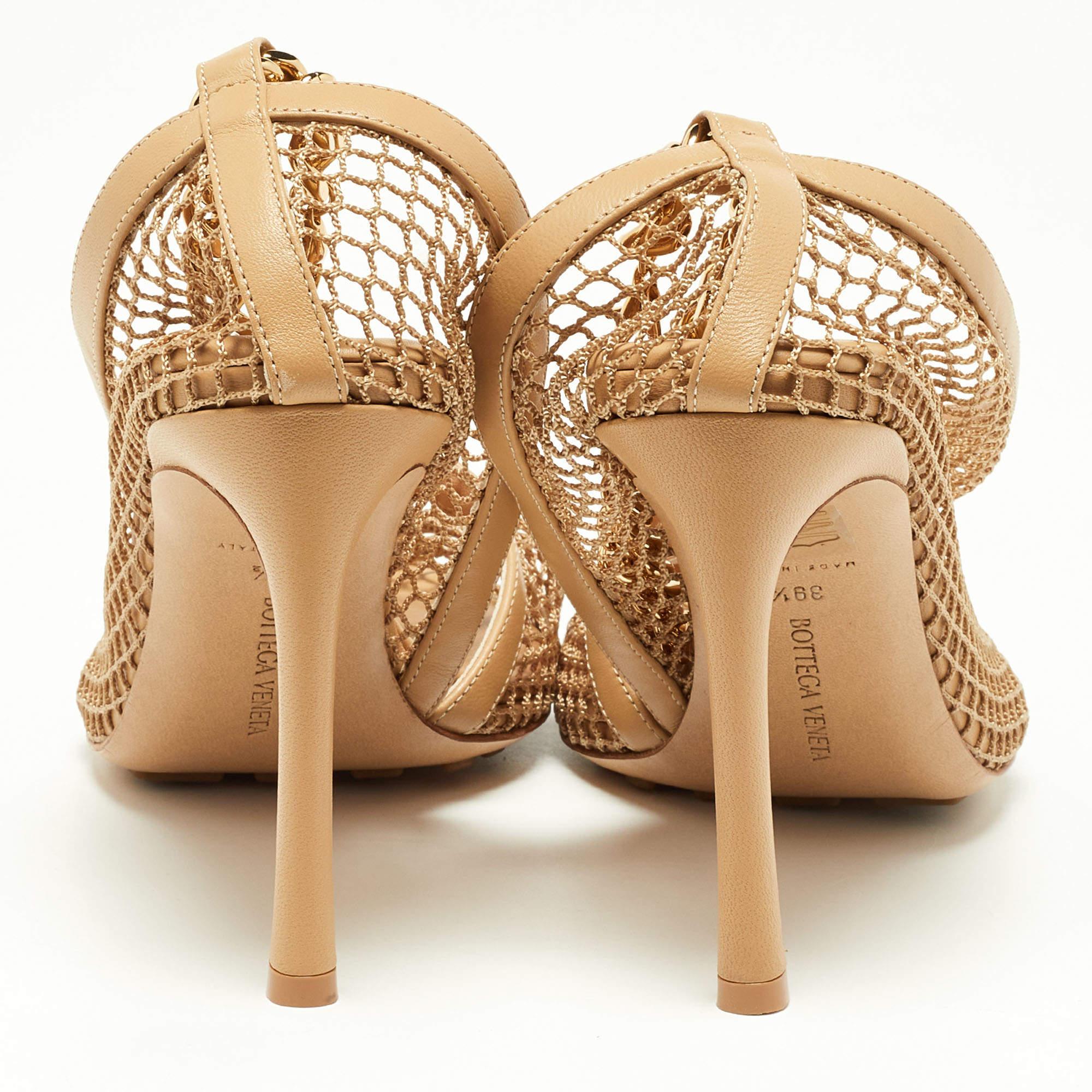 Bottega Veneta Beige Mesh e Pelle Chunky Chain Ankle Strap Pumps Taglia 39.5 2