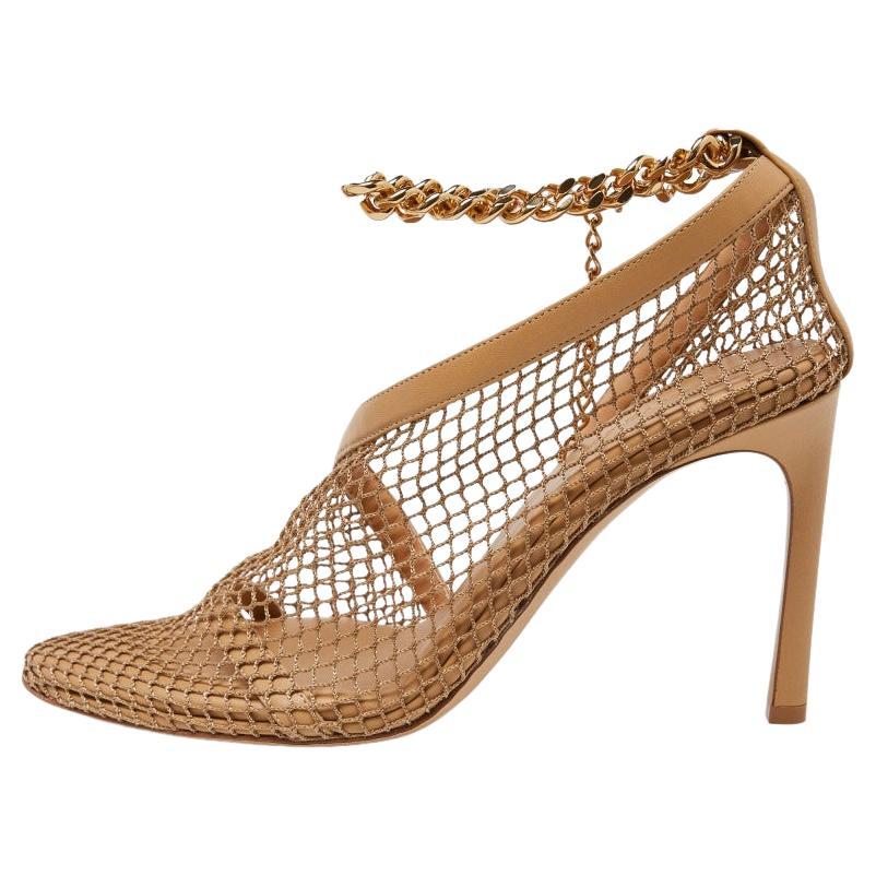 Bottega Veneta Beige Mesh and Leather Chunky Chain Ankle Strap Pumps Size 41 For Sale