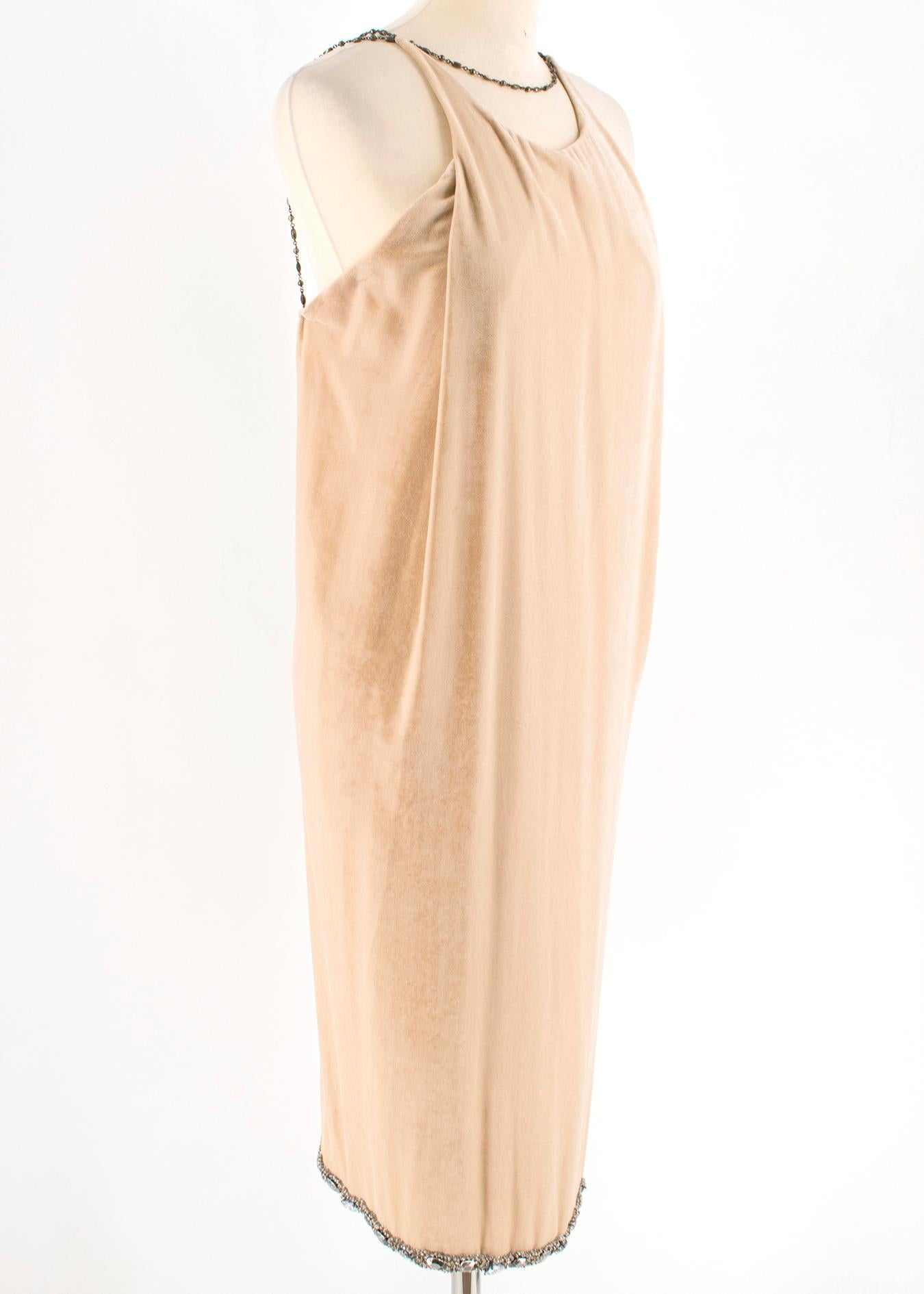 Bottega Veneta Beige Velvet Chain Draped Low Back Embellished Dress

Soft velvet, sleeveless, high neck dress 
Weighted crystal gem embellishment on hem of dress
Chain Neck & Back detailing
Low open back with chain detailing across the back 
Lobster