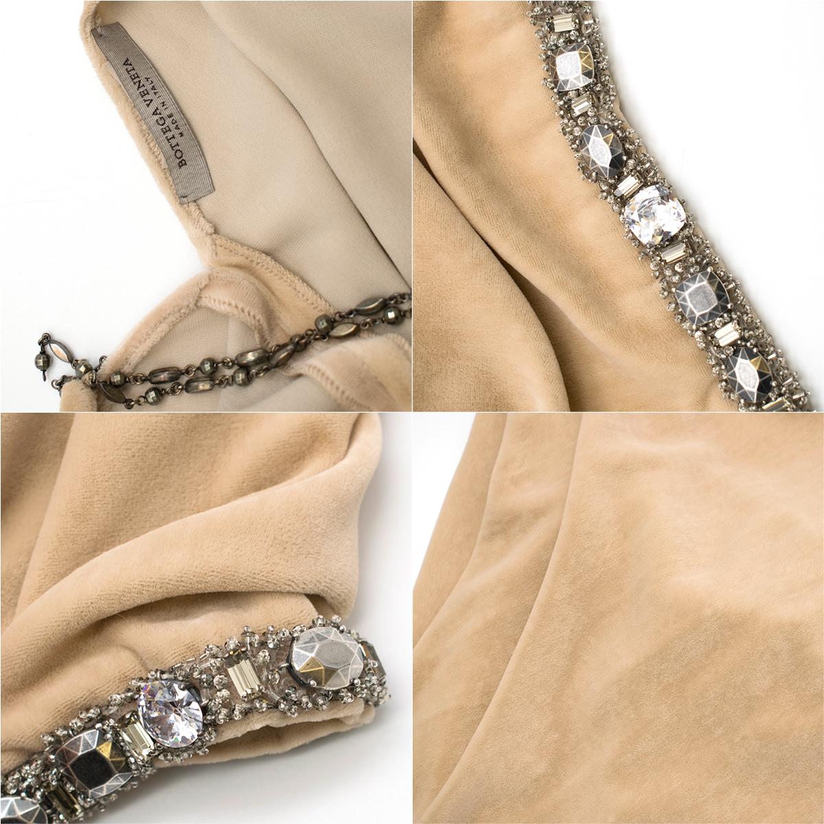 Bottega Veneta Beige Velvet Chain Draped Low Back Embellished Dress - Size US 6 For Sale 3