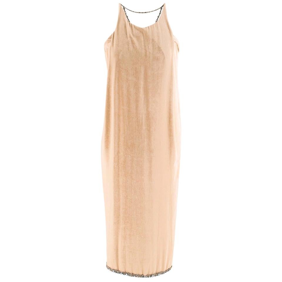 Bottega Veneta Beige Velvet Chain Draped Low Back Embellished Dress - Size US 6 For Sale