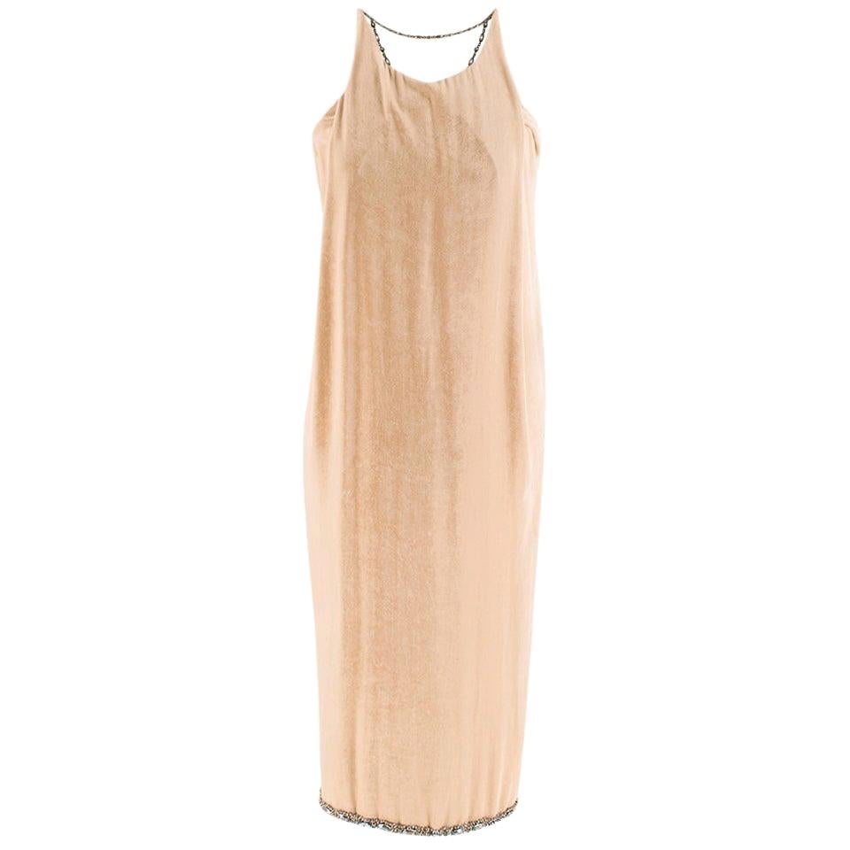 Bottega Veneta Beige Velvet Chain Draped Low Back Embellished Dress - Size US 6 For Sale