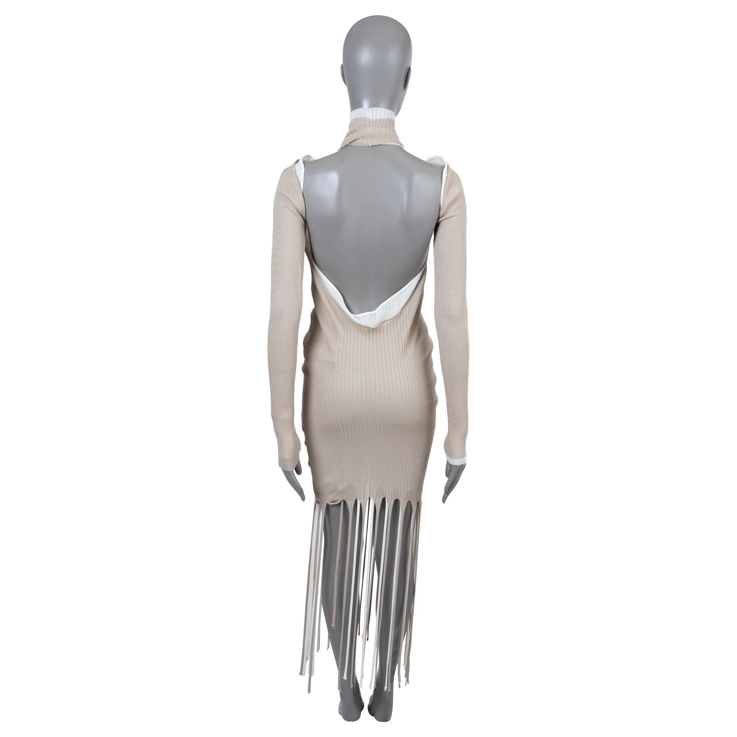 Gray BOTTEGA VENETA beige & white cotton 2020 LAYERED FRINGE RIB-KNIT Dress S For Sale