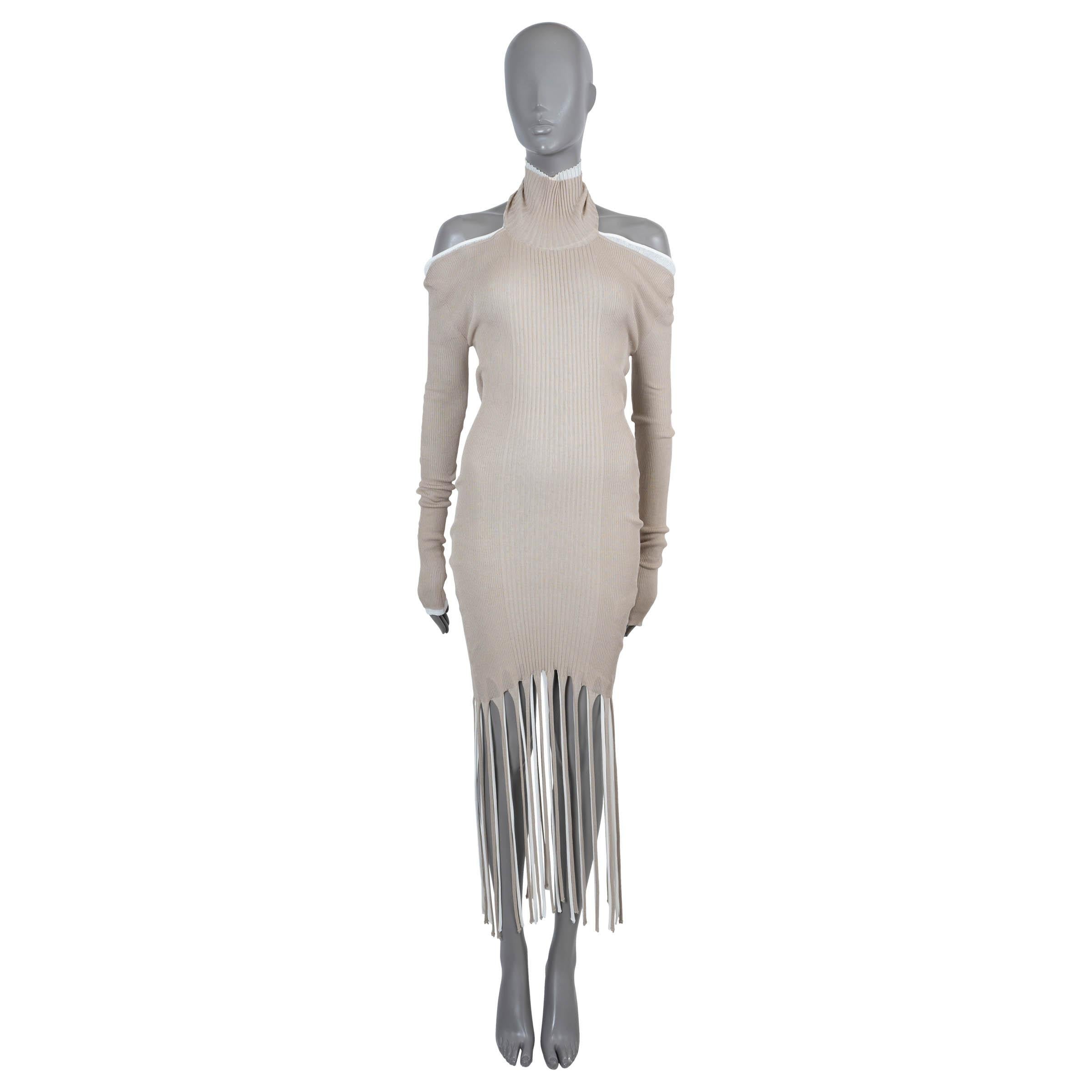 BOTTEGA VENETA beige & white cotton 2020 LAYERED FRINGE RIB-KNIT Dress S In Excellent Condition For Sale In Zürich, CH