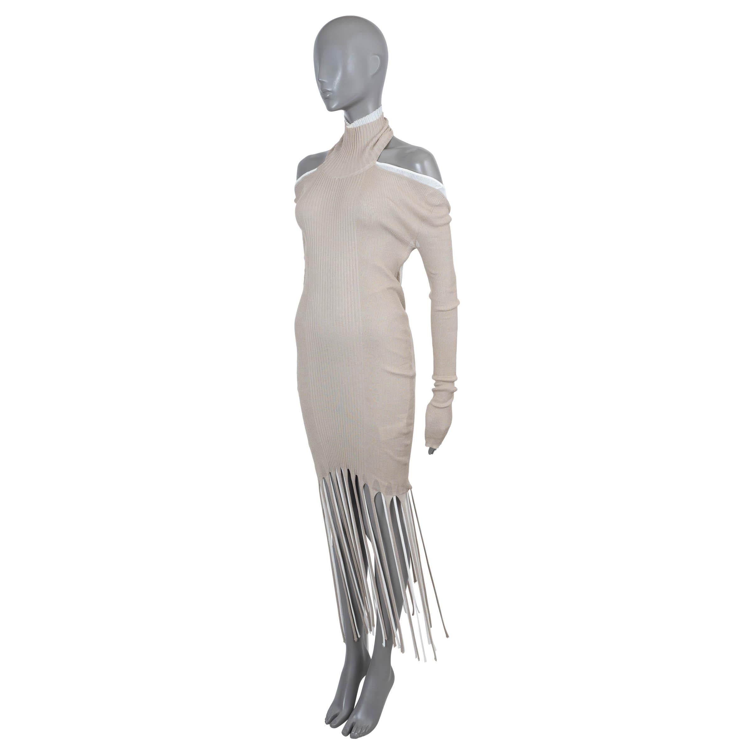 Women's BOTTEGA VENETA beige & white cotton 2020 LAYERED FRINGE RIB-KNIT Dress S For Sale